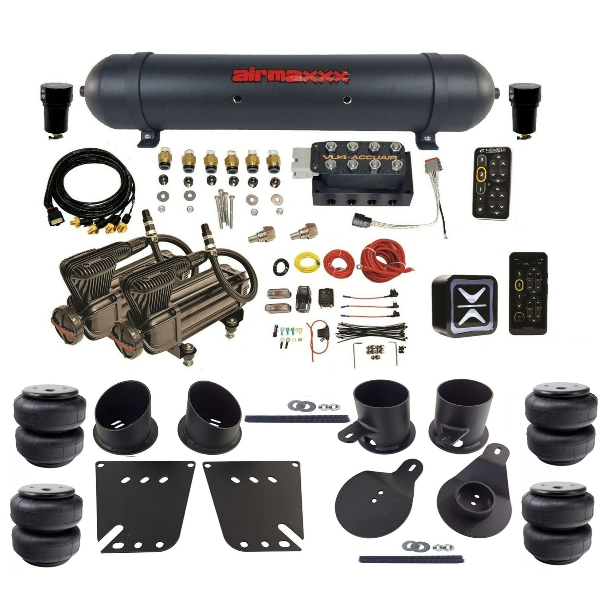 AccuAir e-Level+ Pressure VU4 dual x-series compressors aluminum tank airlift bags air kit for 1958–1964 Chevy impala KIMP58-X2B-57ABK-VU4EPT-WK-HFD25