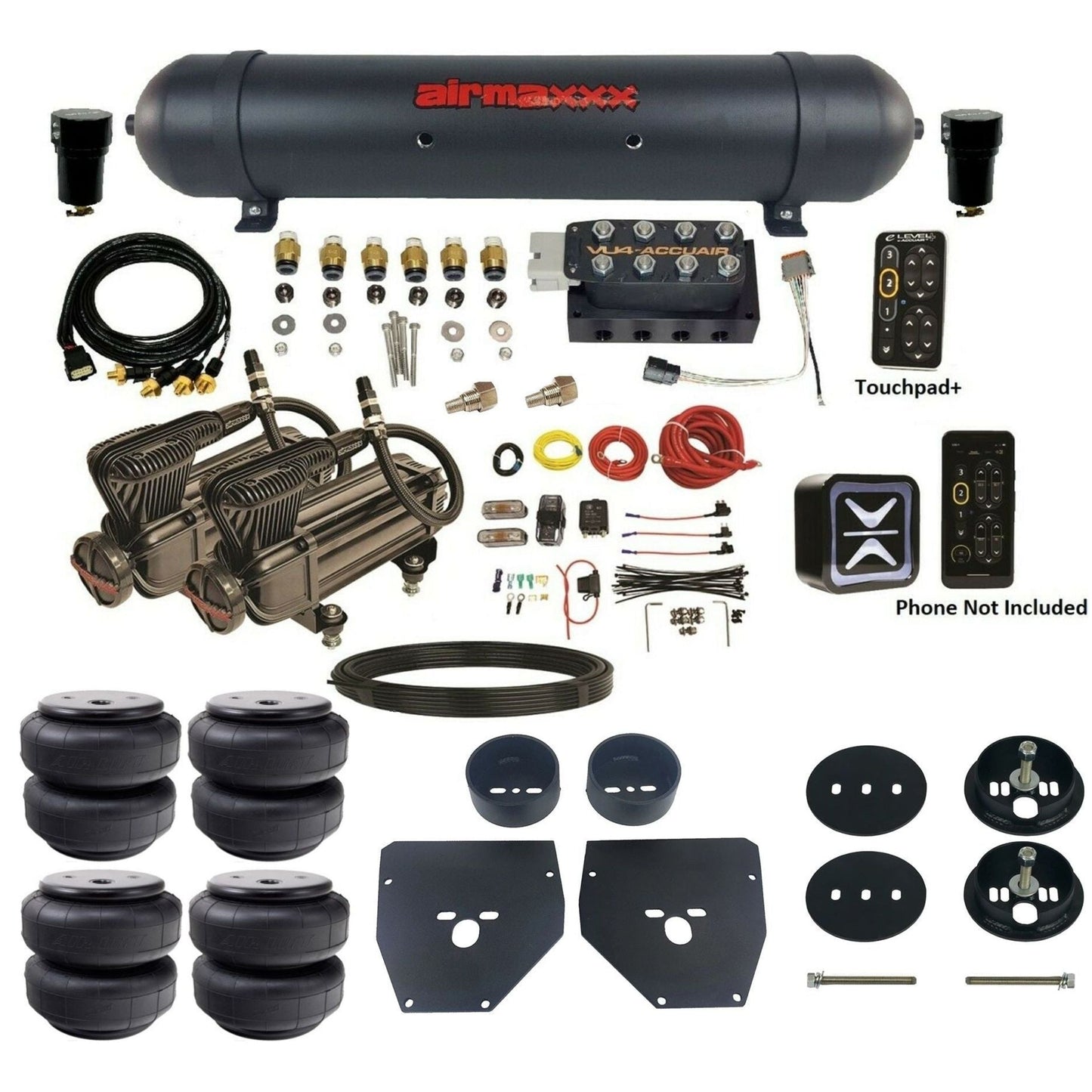 AccuAir e-Level+ Pressure VU4 dual x-series compressors aluminum tank airlift bags air kit for 1963–1972 Chevy C10 KC1063-X2B-57ABK-VU4EPT-WK-HFD26 