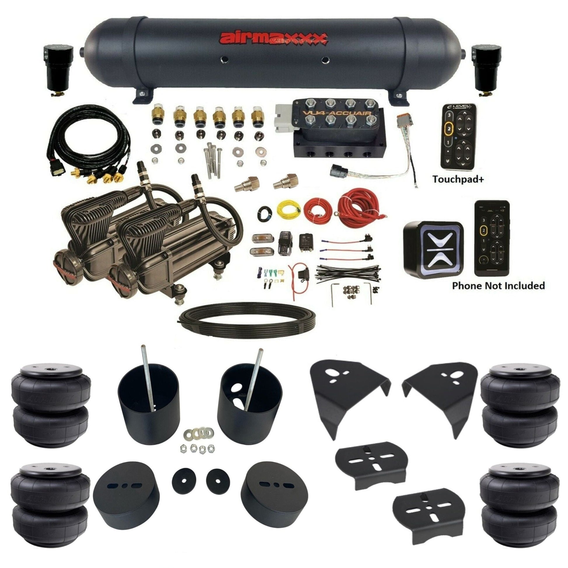 AccuAir e-Level+ Pressure VU4 dual x-series compressors aluminum tank airlift bags air kit for 1988–1998 Chevy Silverado 1500 KGM88-XB2-57ABK-LRHP-WK-HFD26