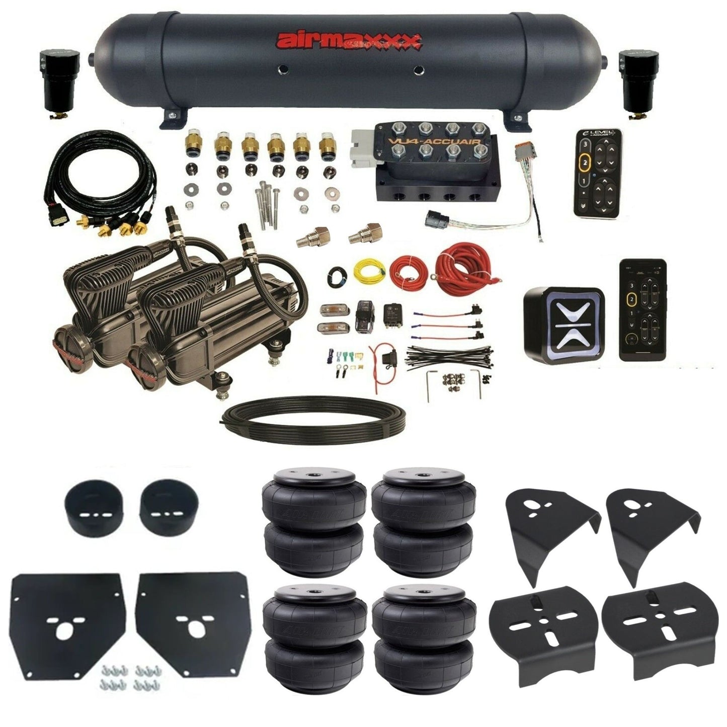 AccuAir e-Level+ Pressure VU4 dual x-series compressors aluminum tank airlift bags air management kit for 1973–1987 C10 KC1073-X2B-57ABK-VU4EPT-WK-HFD26