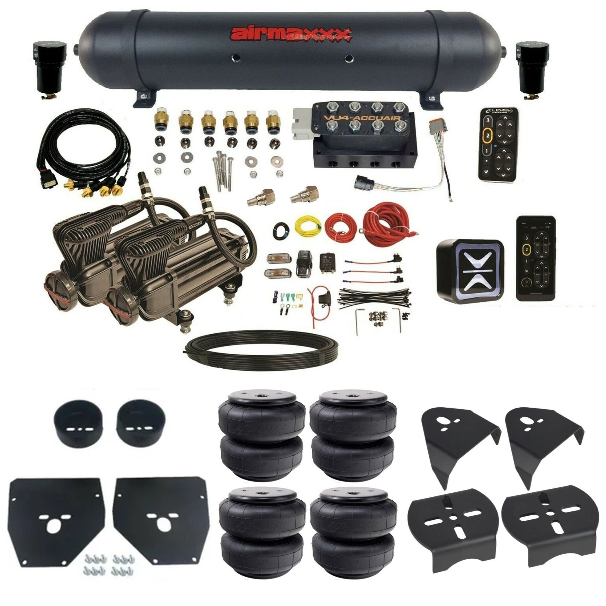 AccuAir e-Level+ Pressure VU4 dual x-series compressors aluminum tank airlift bags air management kit for 1973–1987 C10 KC1073-X2B-57ABK-VU4EPT-WK-HFD26