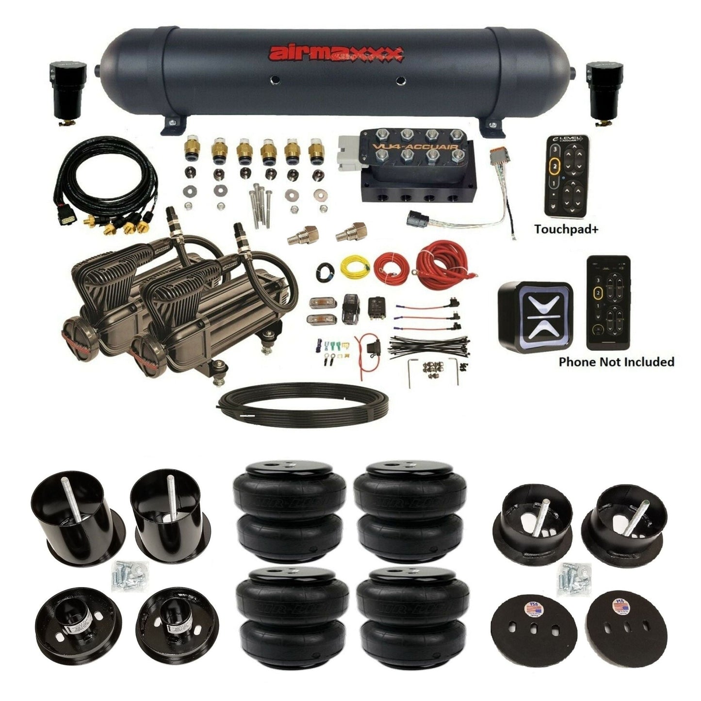 AccuAir e-Level+ Pressure VU4 dual x-series compressors aluminum tank airlift bags air ride kit for 1963–1964 Cadillac KCAD63-X2B-57ABK-VU4EPT-WK-HFD25