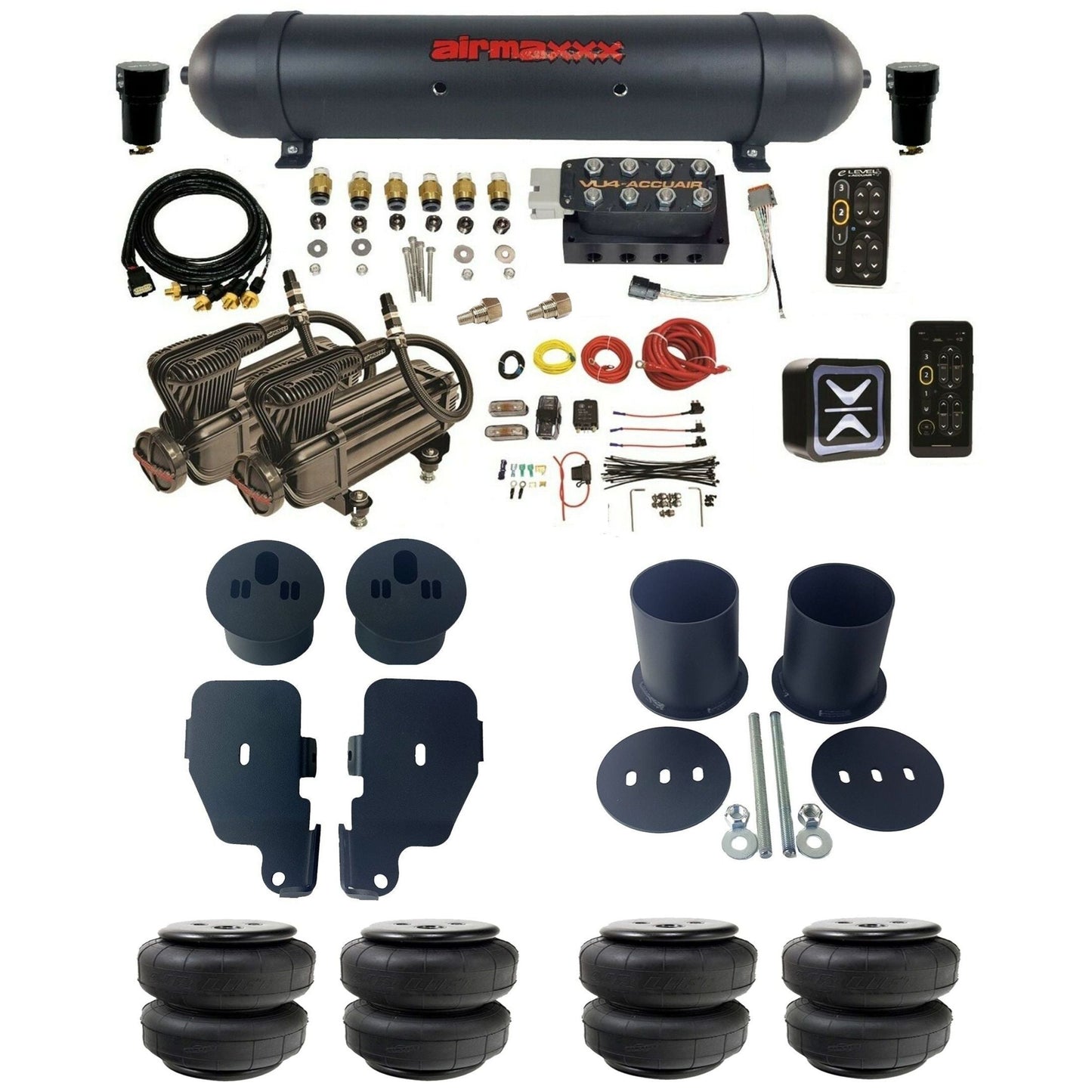 AccuAir e-Level+ Pressure VU4 dual x-series compressors aluminum tank & airlift bags air ride kit for 1965–1970 Chevy Impala KIMP65-X2B-57ABK-VU4EPT-WK-HFD25