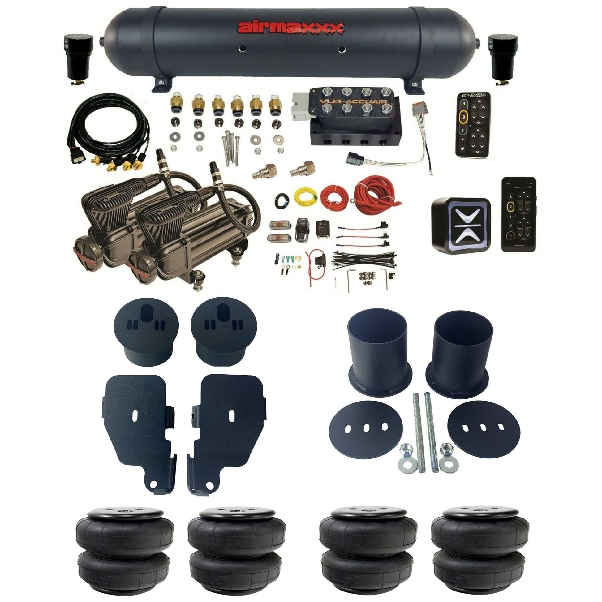 AccuAir e-Level+ Pressure VU4 dual x-series compressors aluminum tank & airlift bags air ride kit for 1965–1970 Chevy Impala KIMP65-X2B-57ABK-VU4EPT-WK-HFD25