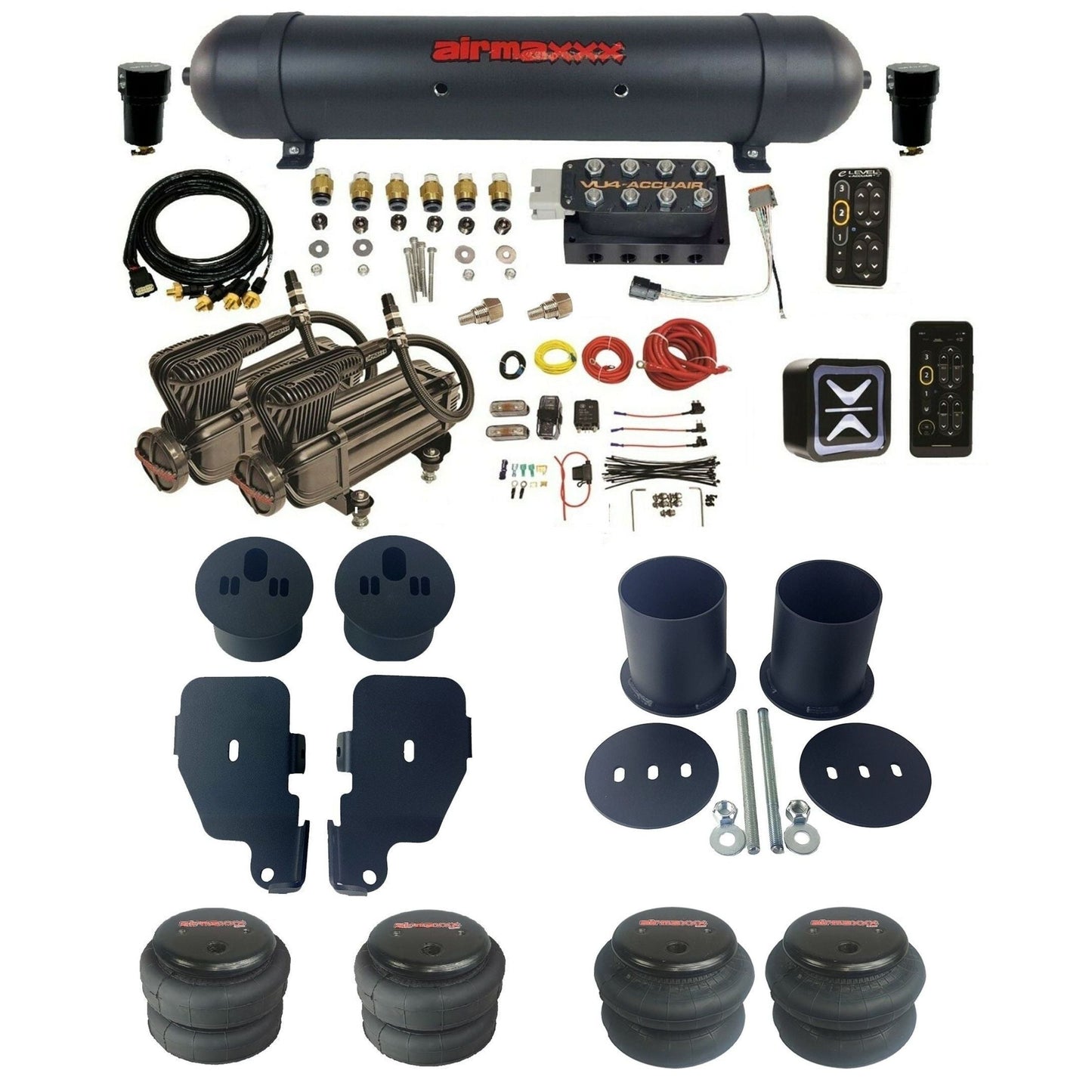 AccuAir e-Level+ Pressure VU4 dual x-series compressors aluminum tank & bags air ride kit for 1965–1970 Chevy Impala KIMP65-X2B-57ABK-VU4EPT-WK-HF