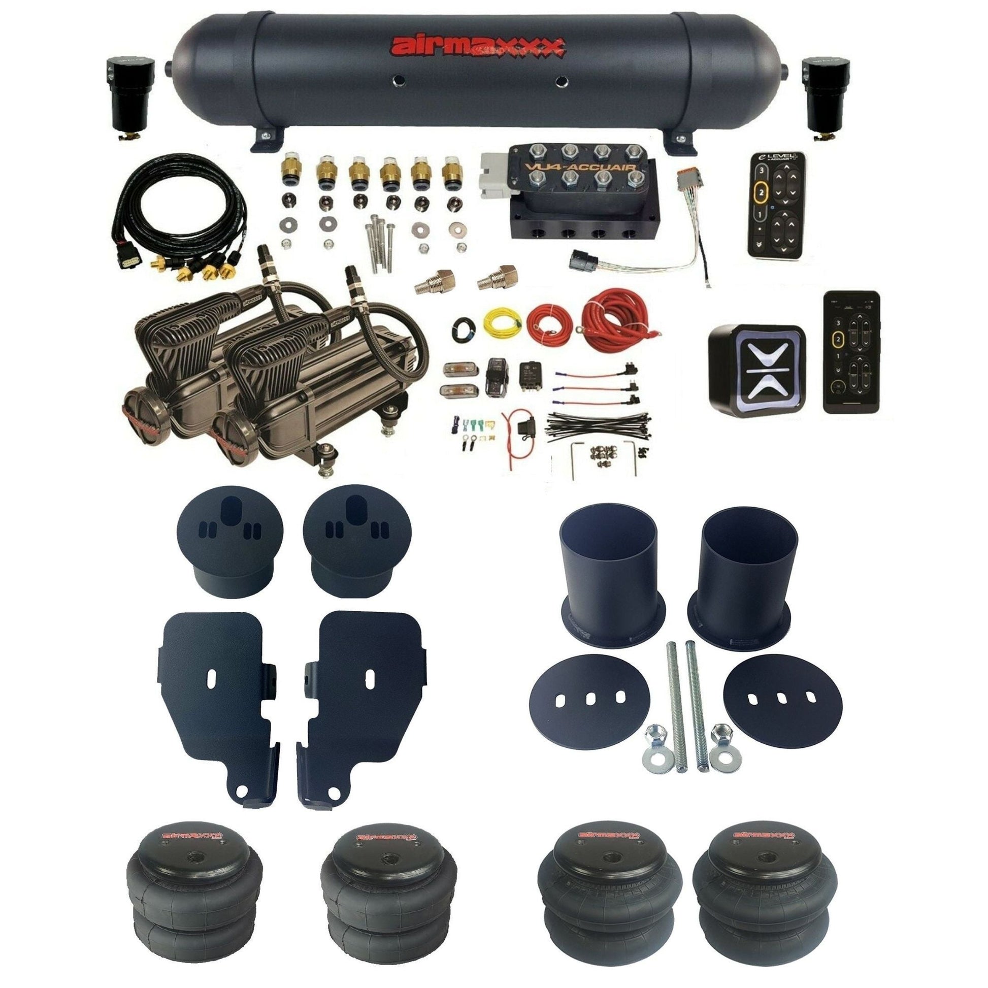 AccuAir e-Level+ Pressure VU4 dual x-series compressors aluminum tank & bags air ride kit for 1965–1970 Chevy Impala KIMP65-X2B-57ABK-VU4EPT-WK-HF