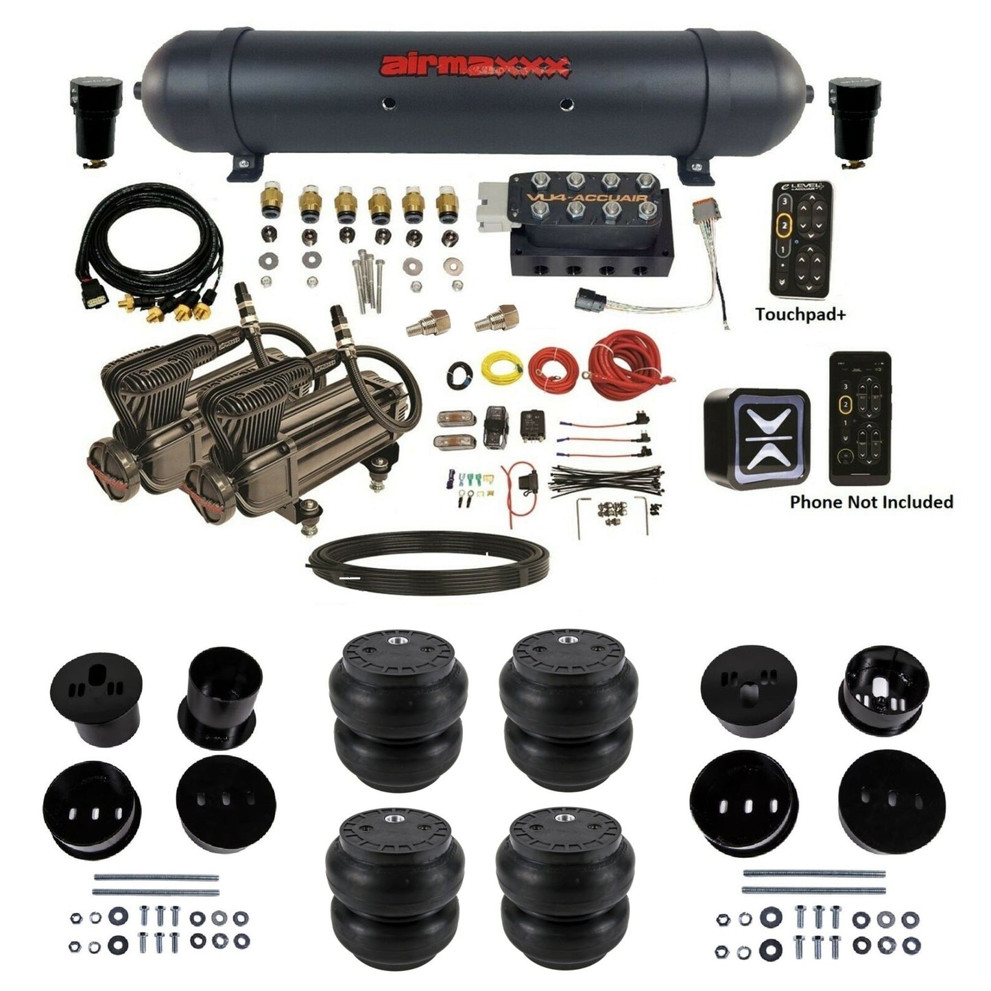 AccuAir e-Level+ Pressure VU4 dual x-series compressors aluminum tank slam bags air kit for 1958–1960 Cadillac KCAD58-X2B-57ABK-VU4EPT-WK-HFSS7