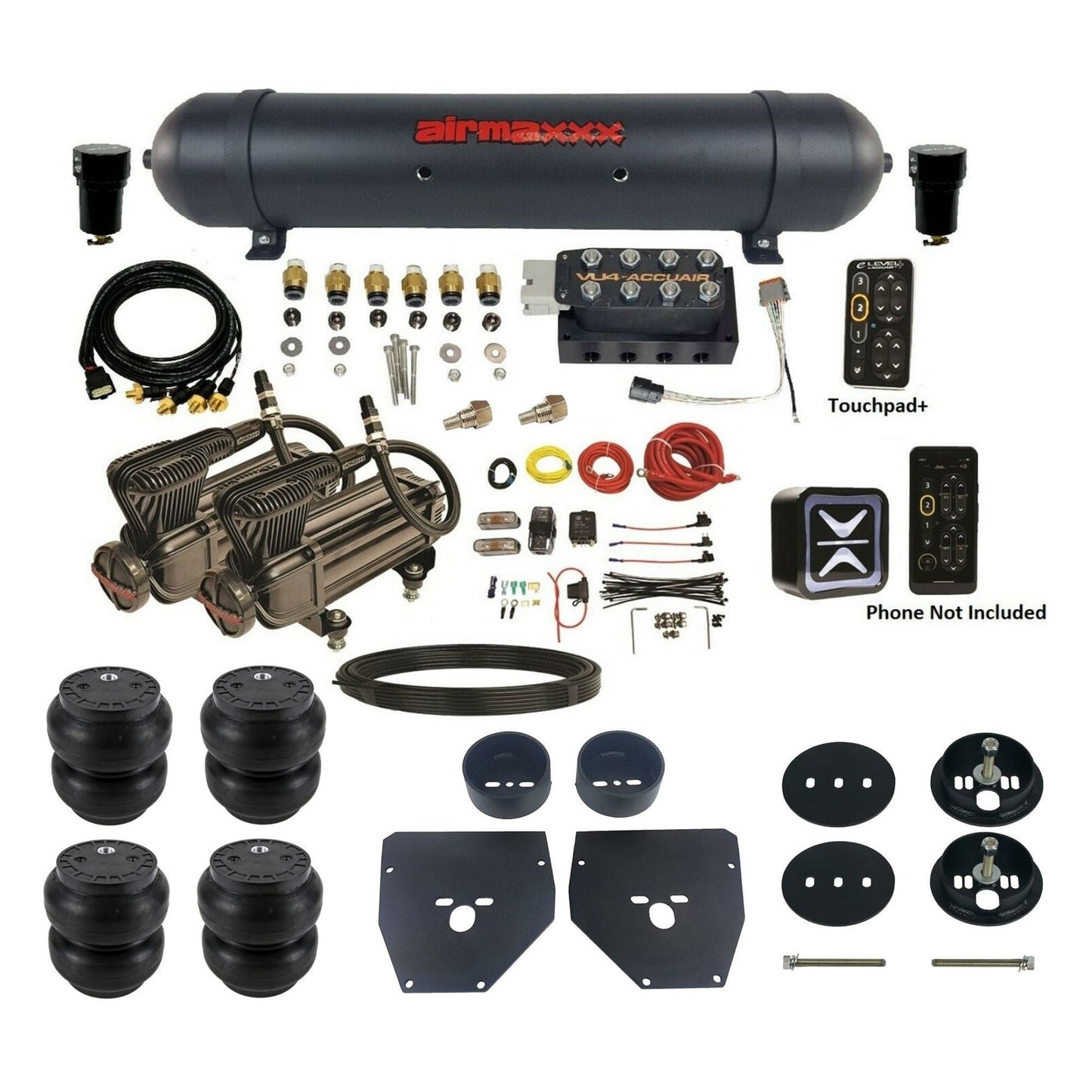 AccuAir e-Level+ Pressure VU4 dual x-series compressors aluminum tank slam bags air kit for 1963–1972 Chevy C10 KC1063-X2B-57ABK-VU4EPT-WK-HFSS7