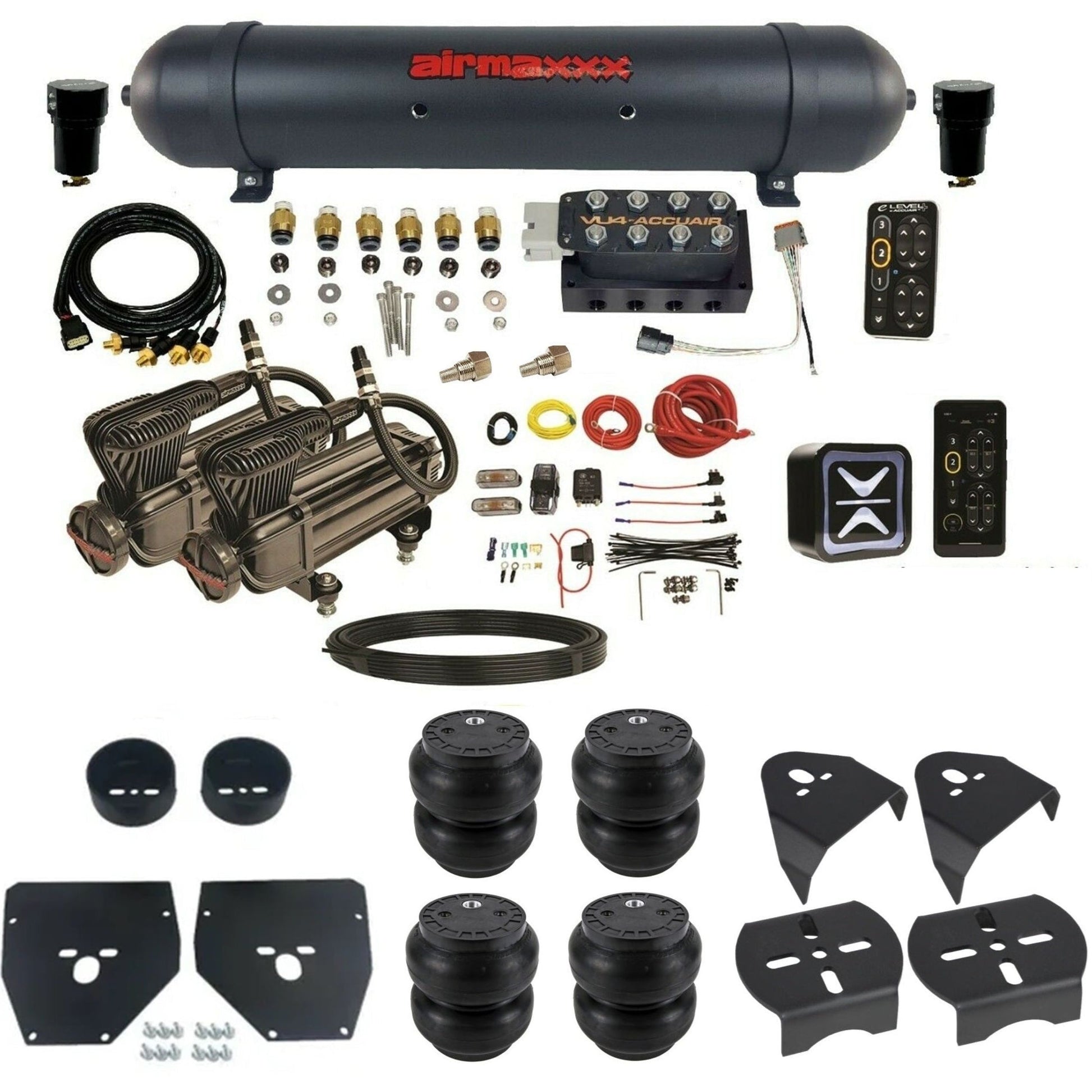 AccuAir e-Level+ Pressure VU4 dual x-series compressors aluminum tank slam bags air management kit for 1973–1987 C10 KC1073-X2B-57ABK-VU4EPT-WK-HFSS7