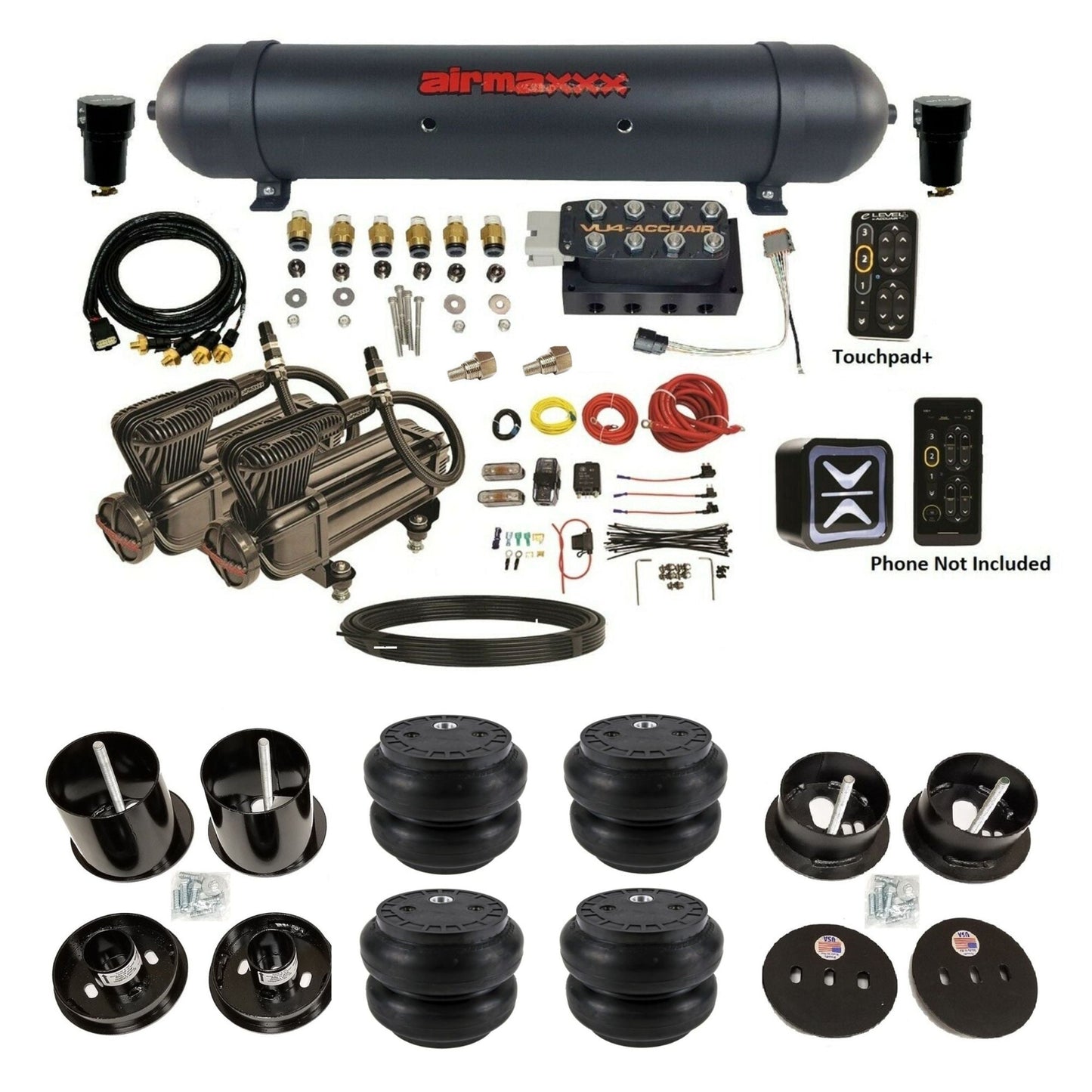 AccuAir e-Level+ Pressure VU4 dual x-series compressors aluminum tank slam bags air ride kit for 1963–1964 Cadillac KCAD63-X2B-57ABK-VU4EPT-WK-HFSS7
