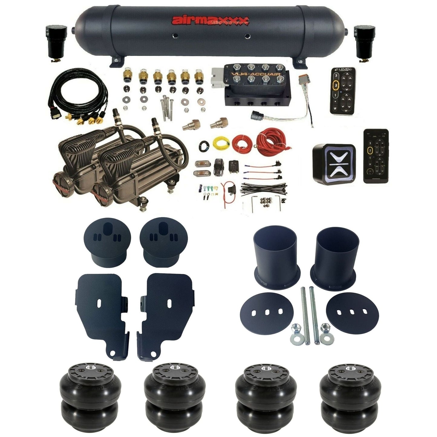 AccuAir e-Level+ Pressure VU4 dual x-series compressors aluminum tank & slam bags air ride kit for 1965–1970 Chevy Impala KIMP65-X2B-57ABK-VU4EPT-WK-HFSS6