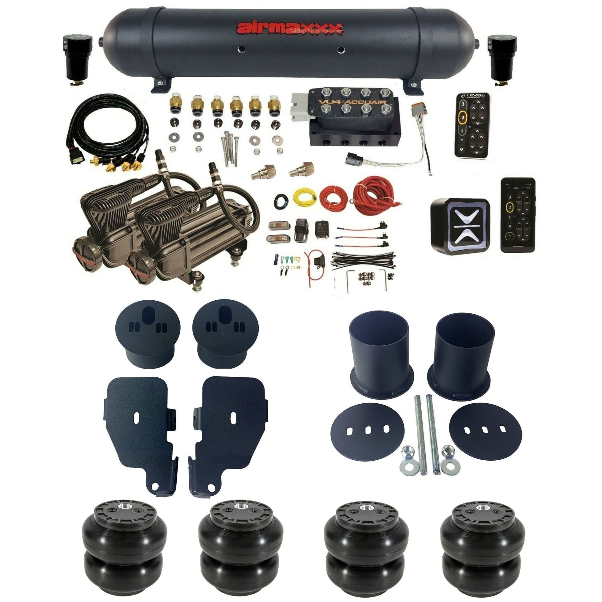 AccuAir e-Level+ Pressure VU4 dual x-series compressors aluminum tank & slam bags air ride kit for 1965–1970 Chevy Impala KIMP65-X2B-57ABK-VU4EPT-WK-HFSS6
