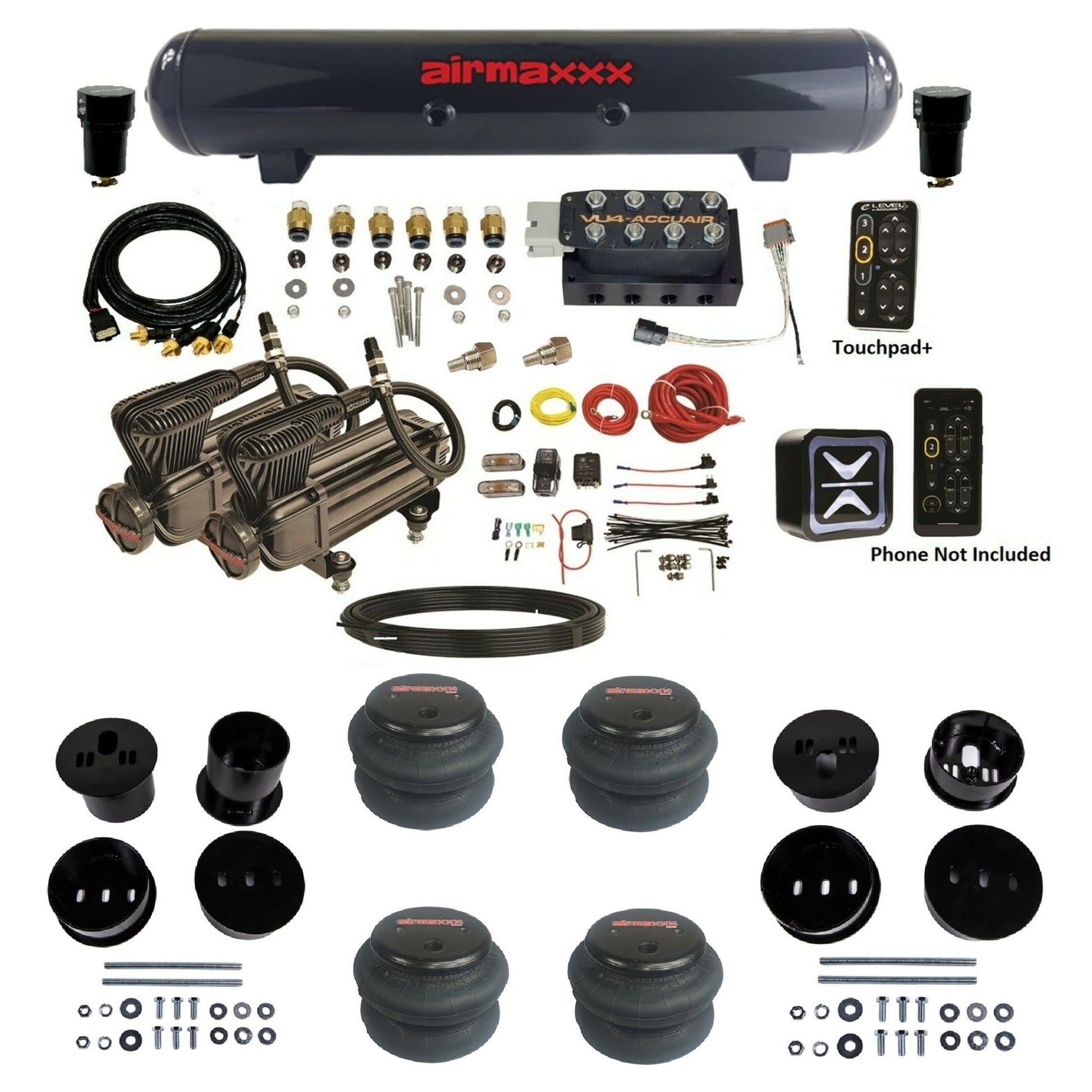 AccuAir e-Level+ Pressure VU4 dual x-series compressors steel tank 2600 bags air kit for 1958–1960 Cadillac KCAD58-X2B-57S-VU4EPT-WK-HF