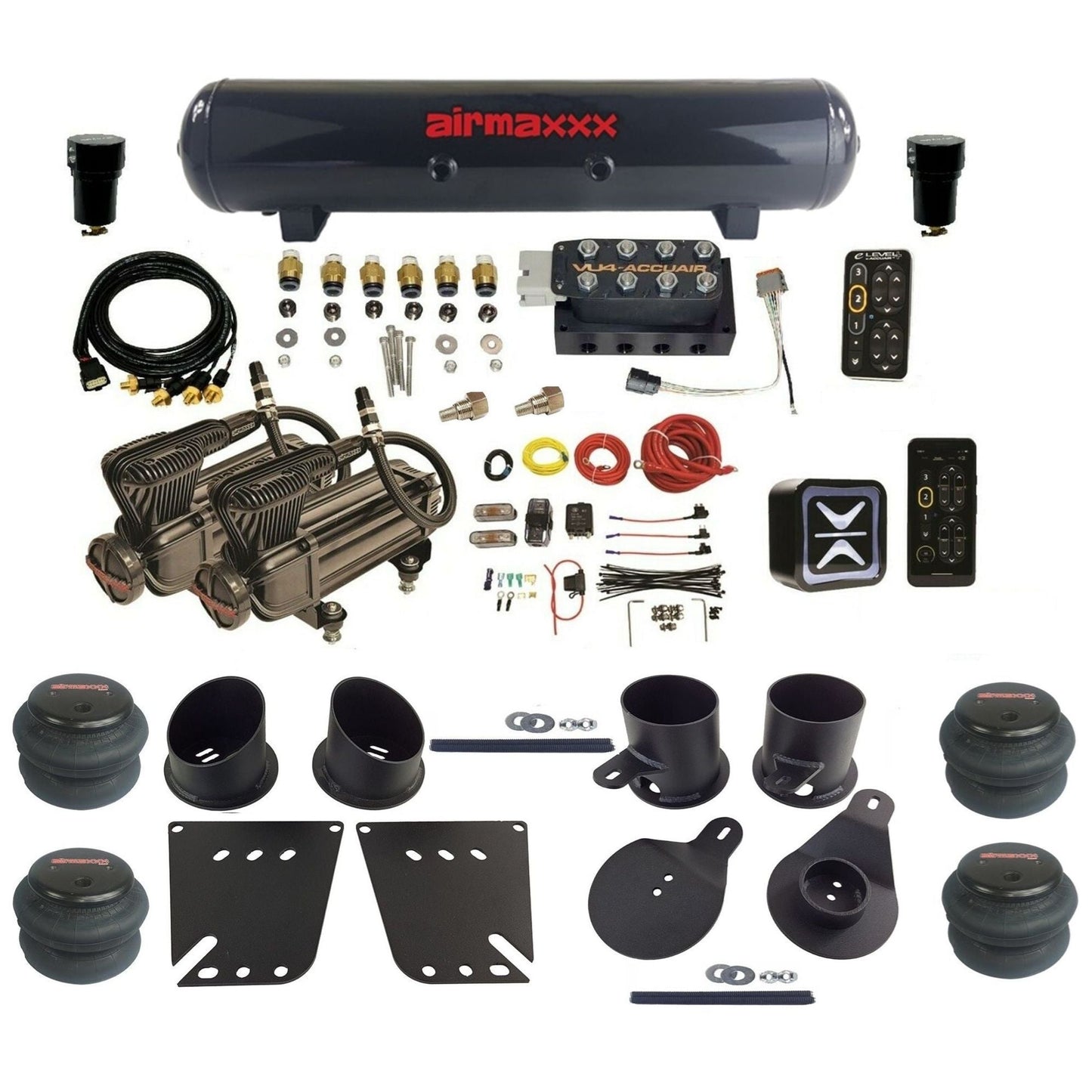 AccuAir e-Level+ Pressure VU4 dual x-series compressors steel tank 2600 bags air kit for 1958–1964 Chevy impala KIMP58-X2B-57S-VU4EPT-WK-HF