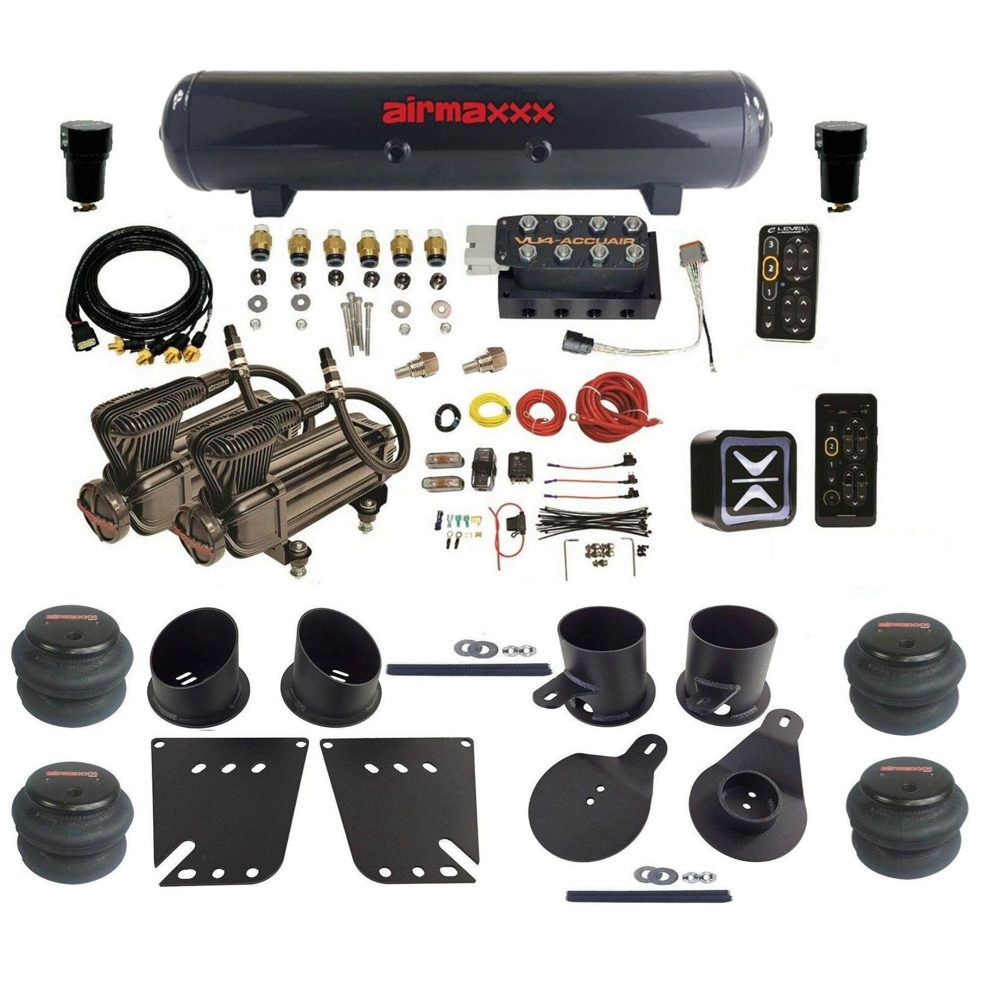 AccuAir e-Level+ Pressure VU4 dual x-series compressors steel tank 2600 bags air kit for 1958–1964 Chevy impala KIMP58-X2B-57S-VU4EPT-WK-HF