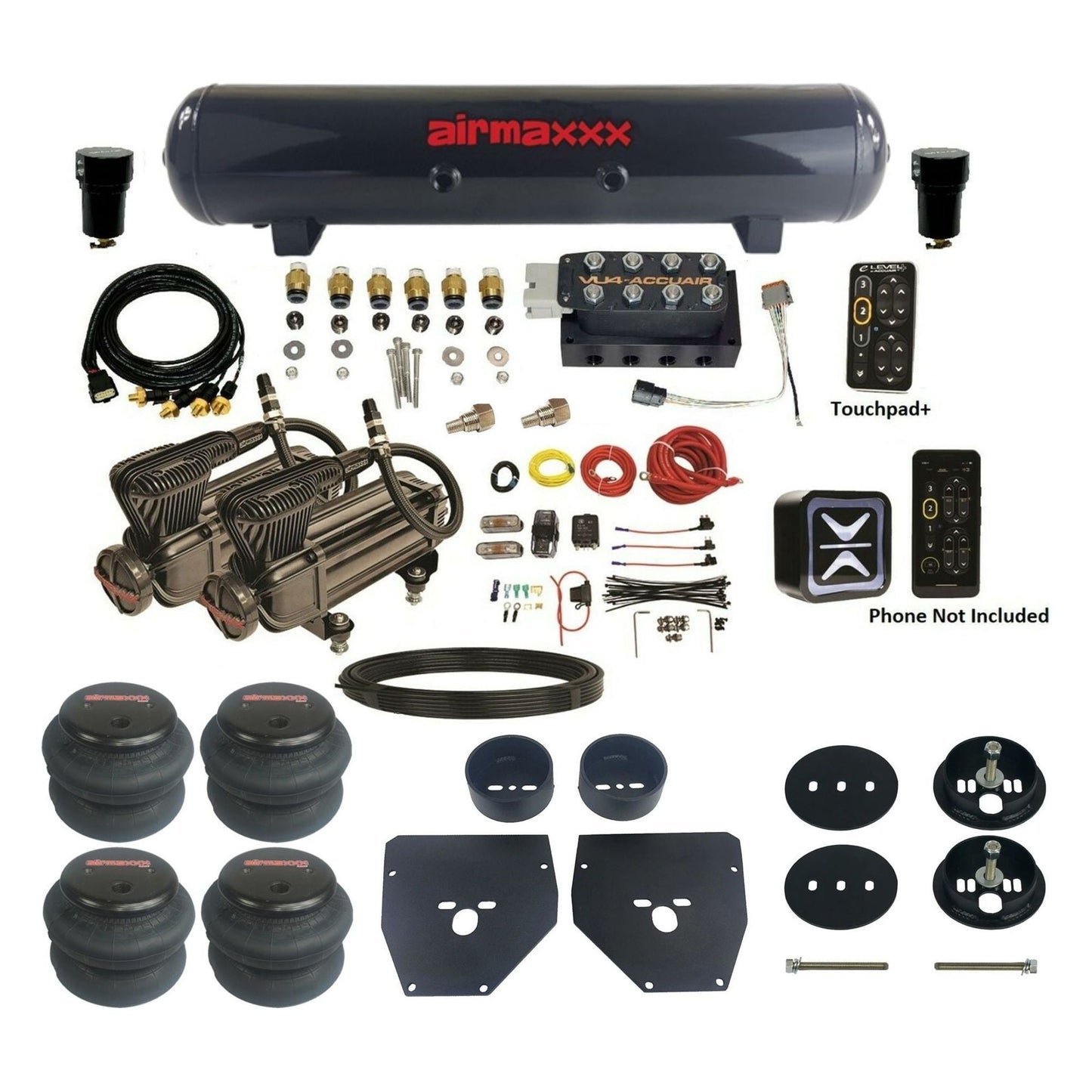 AccuAir e-Level+ Pressure VU4 dual x-series compressors steel tank 2600 bags air kit for 1963–1972 Chevy C10 KC1063-X2B-57S-VU4EPT-WK-HF