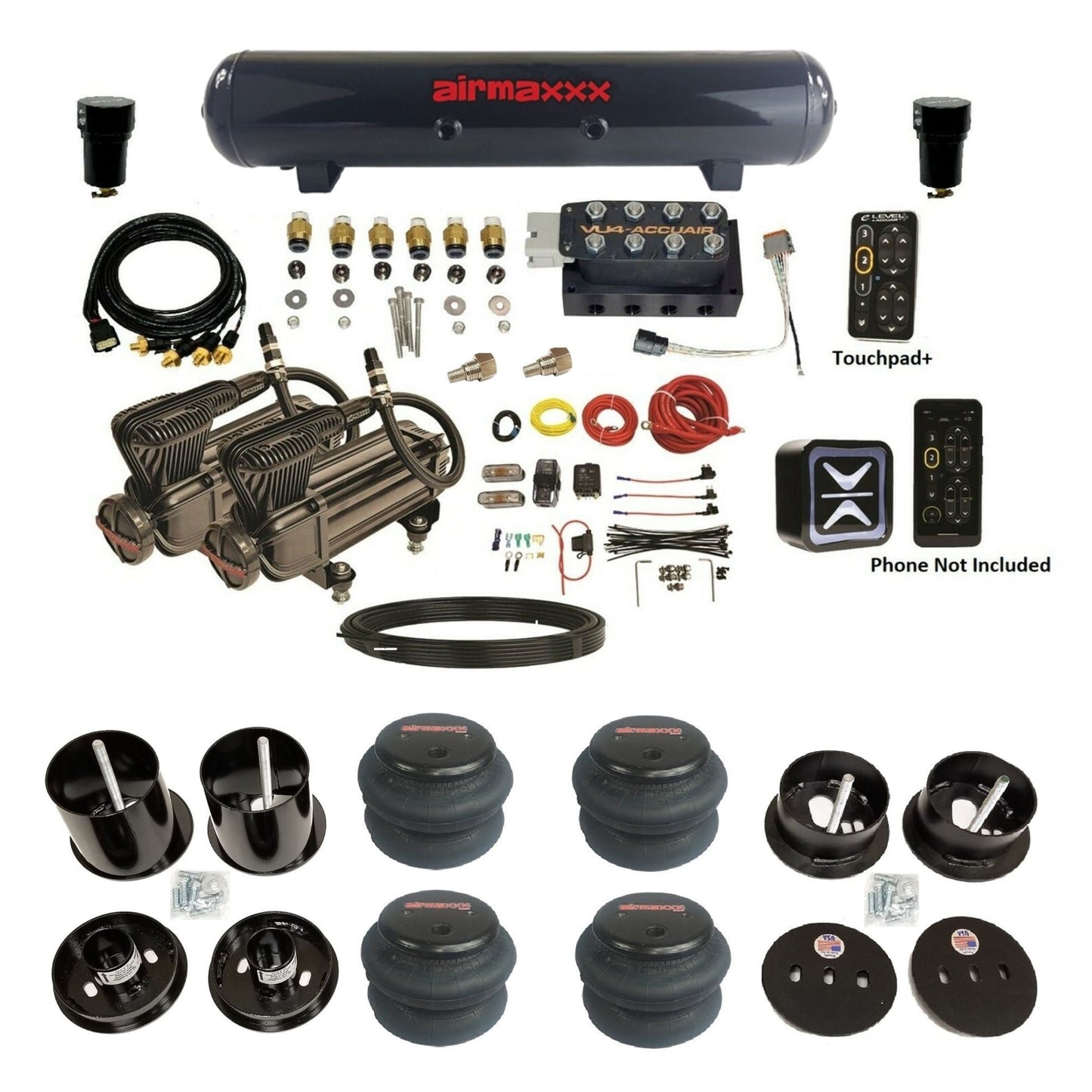 AccuAir e-Level+ Pressure VU4 dual x-series compressors steel tank 2600 bags air ride kit for 1963–1964 Cadillac KCAD63-X2B-57S-VU4EPT-WK-HF