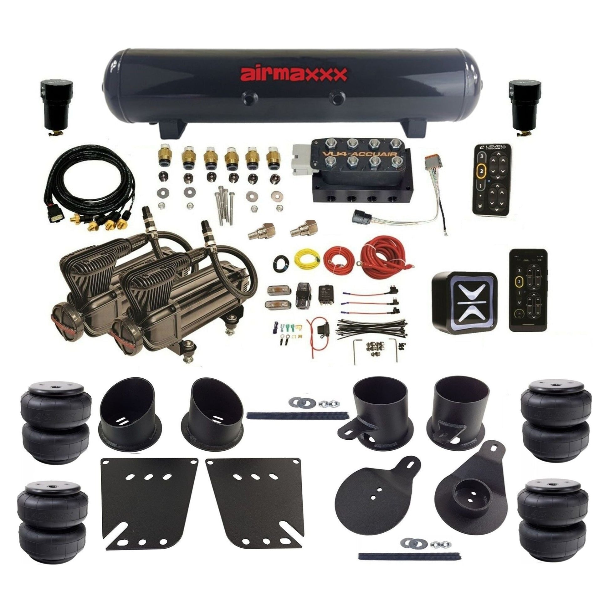 AccuAir e-Level+ Pressure VU4 dual x-series compressors steel tank airlift bags air kit for 1958–1964 Chevy impala KIMP58-X2B-57S-VU4EPT-WK-HFD25