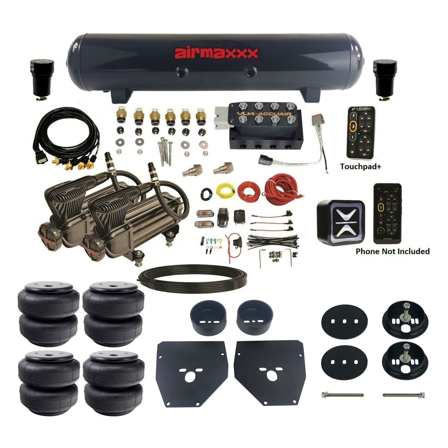 AccuAir e-Level+ Pressure VU4 dual x-series compressors steel tank airlift bags air kit for 1963–1972 Chevy C10 KC1063-X2B-57S-VU4EPT-WK-HFD26