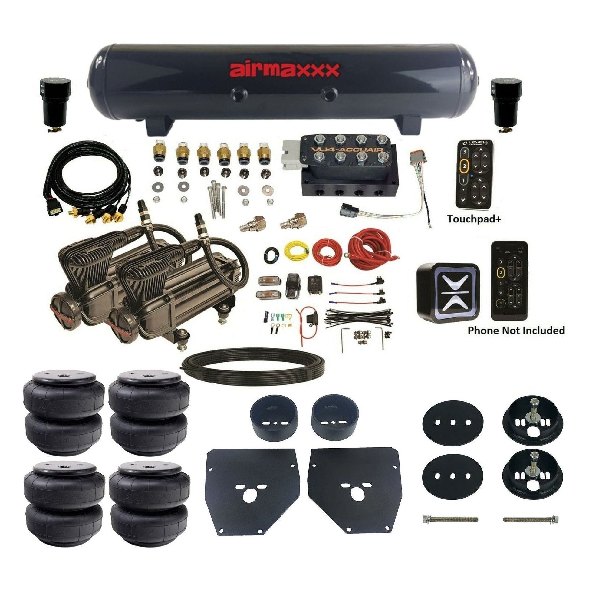 AccuAir e-Level+ Pressure VU4 dual x-series compressors steel tank airlift bags air kit for 1963–1972 Chevy C10 KC1063-X2B-57S-VU4EPT-WK-HFD26