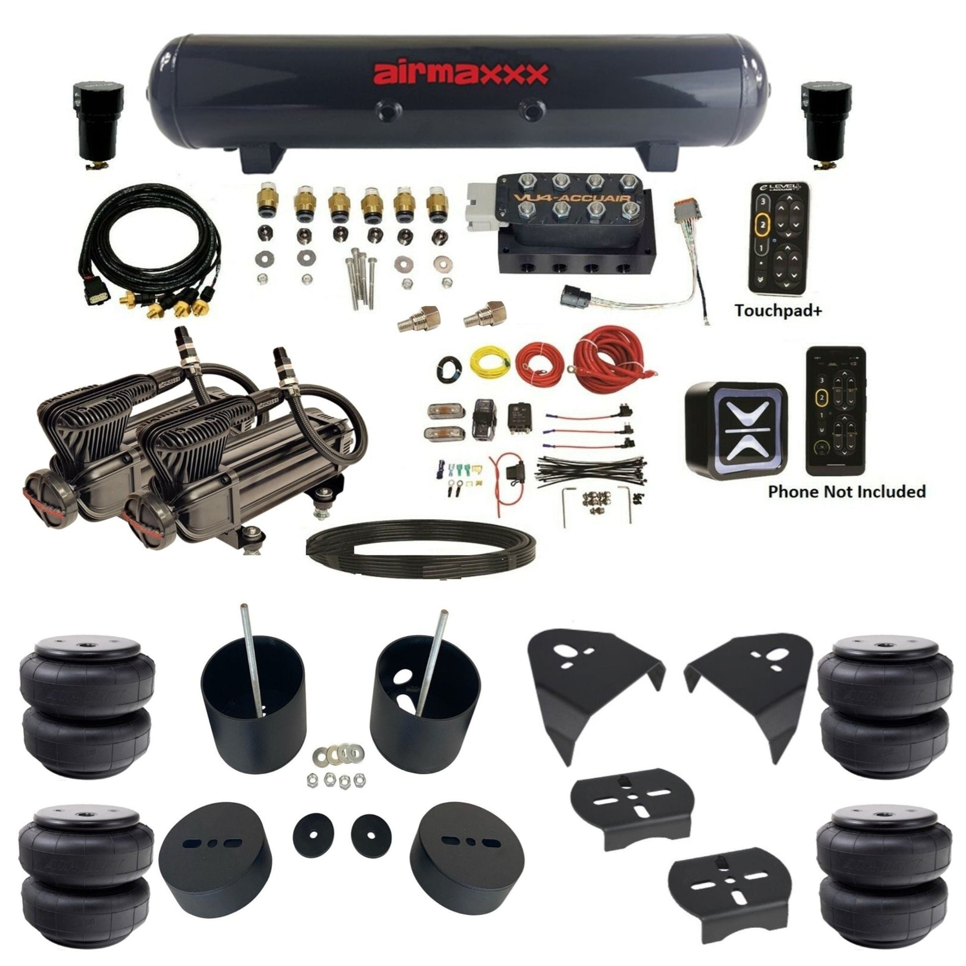 AccuAir e-Level+ Pressure VU4 dual x-series compressors steel tank airlift bags air kit for 1988–1998 Chevy Silverado 1500 GM88-XB2-57S-LRHP-WK-HFD26