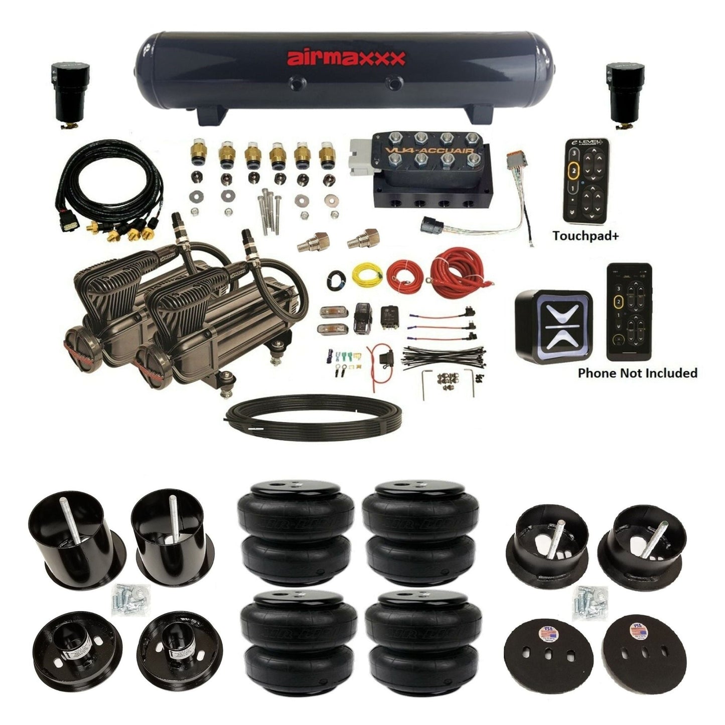 AccuAir e-Level+ Pressure VU4 dual x-series compressors steel tank airlift bags air ride kit for 1963–1964 Cadillac KCAD63-X2B-57S-VU4EPT-WK-HFD25