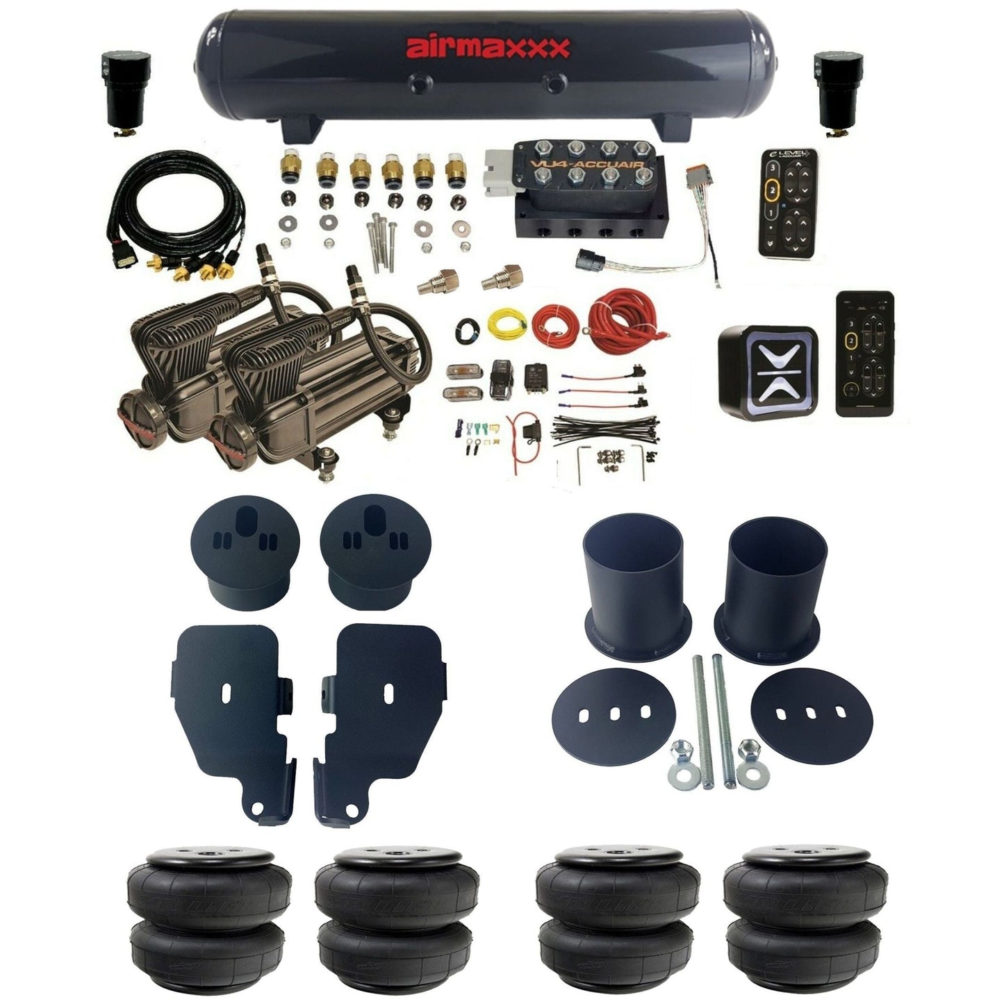 AccuAir e-Level+ Pressure VU4 dual x-series compressors steel tank & airlift bags air ride kit for 1965–1970 Chevy Impala KIMP65-X2B-57S-VU4EPT-WK-HFD25 