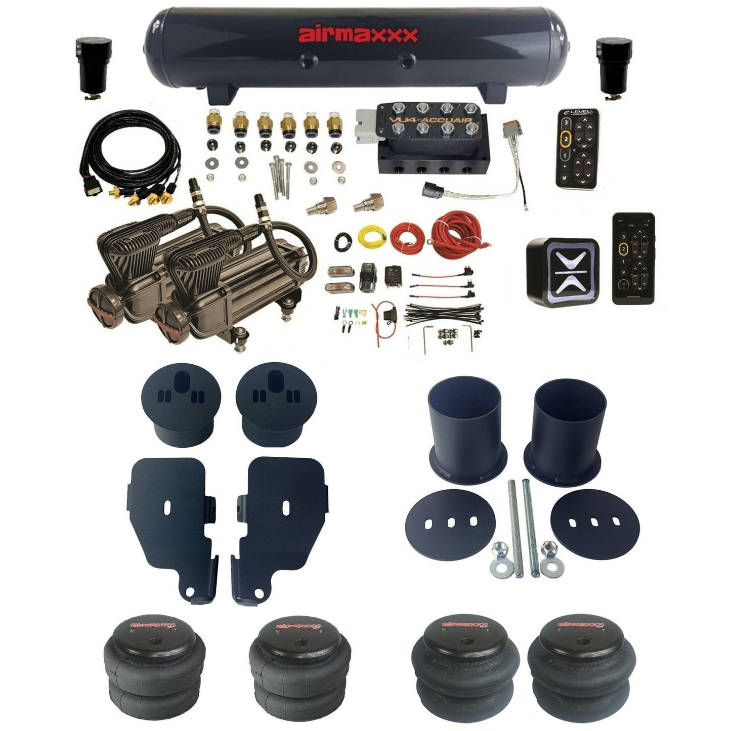 AccuAir e-Level+ Pressure VU4 dual x-series compressors steel tank & bags air ride kit for 1965–1970 Chevy Impala KIMP65-X2B-57S-VU4EPT-WK-HF