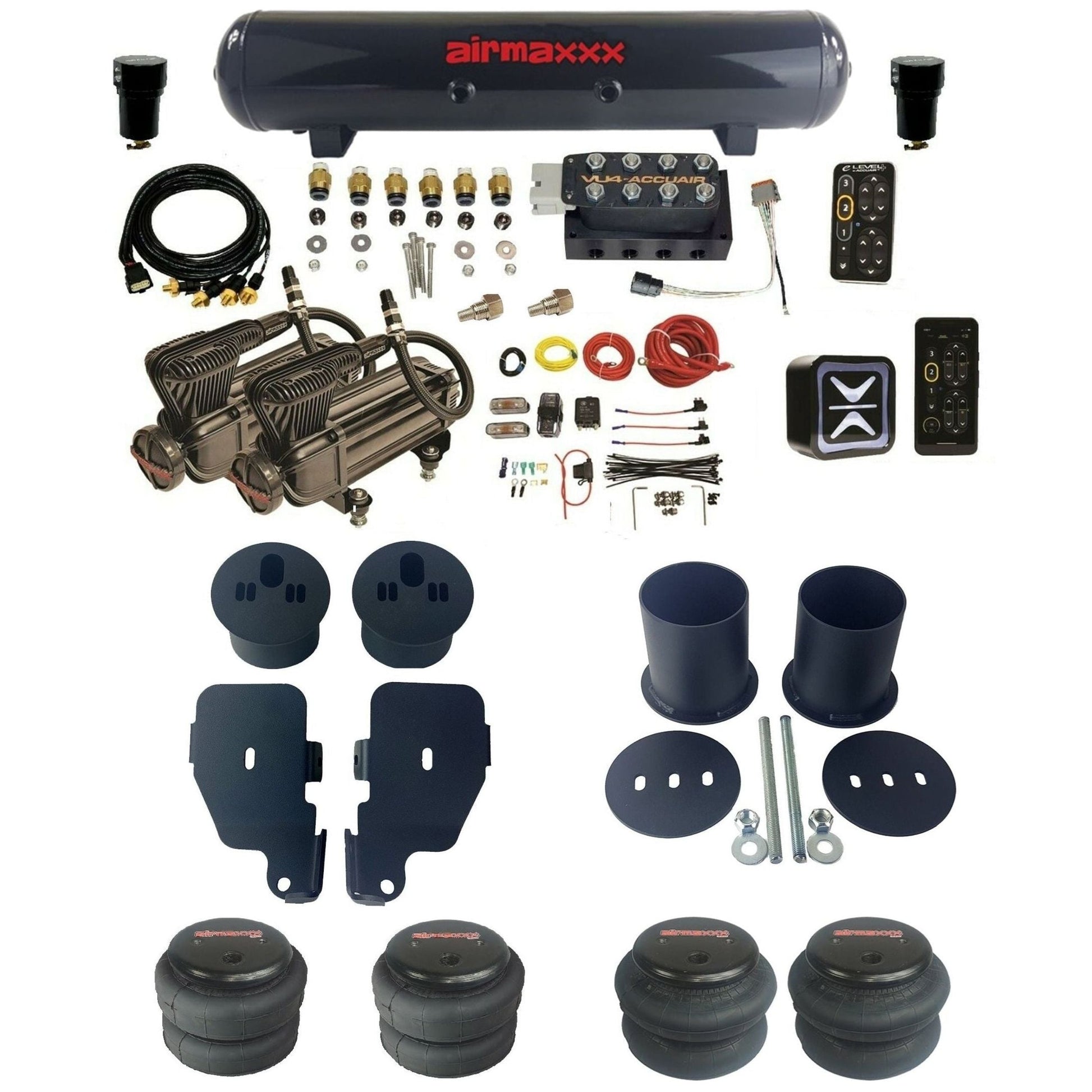 AccuAir e-Level+ Pressure VU4 dual x-series compressors steel tank & bags air ride kit for 1965–1970 Chevy Impala KIMP65-X2B-57S-VU4EPT-WK-HF