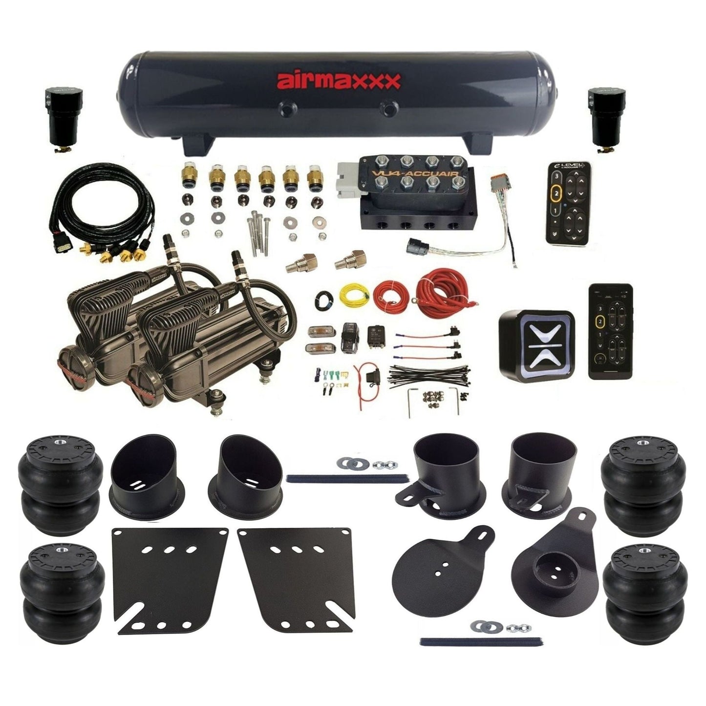 AccuAir e-Level+ Pressure VU4 dual x-series compressors steel tank slam bags air kit for 1958–1964 Chevy impala KIMP58-X2B-57S-VU4EPT-WK-HFSS7 