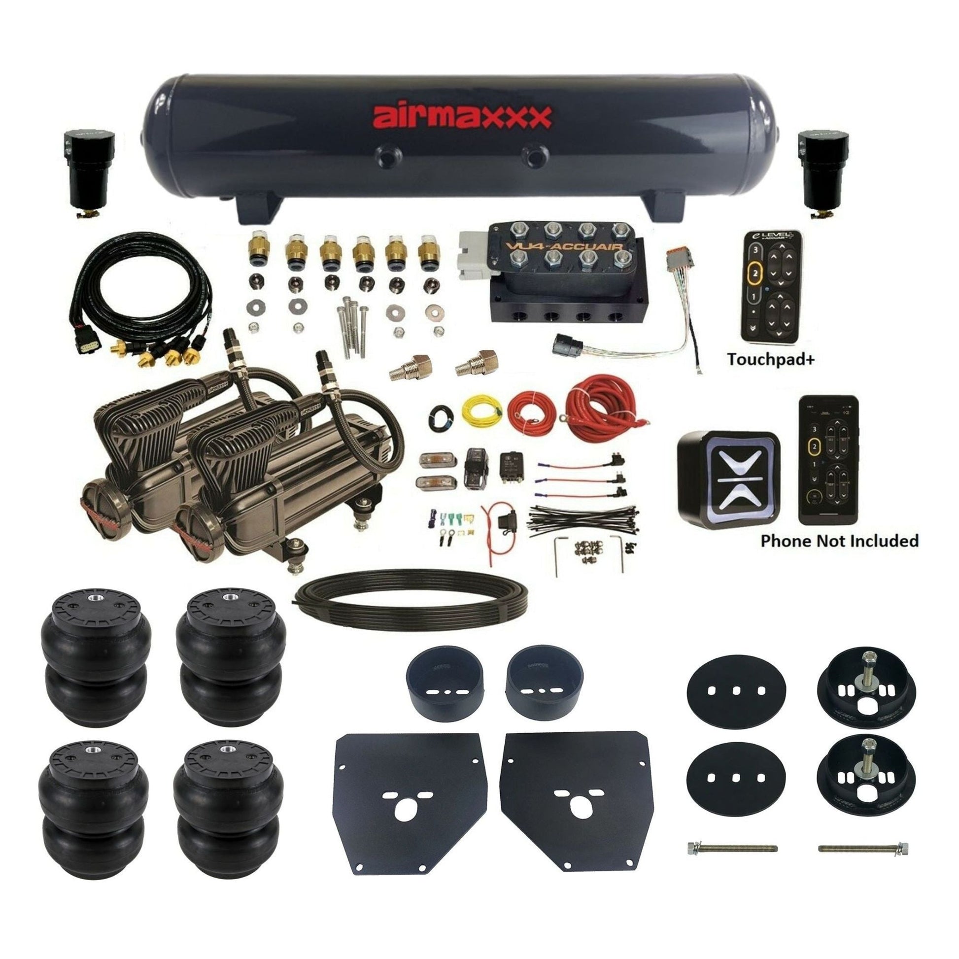 AccuAir e-Level+ Pressure VU4 dual x-series compressors steel tank slam bags air kit for 1963–1972 Chevy C10 KC1063-X2B-57S-VU4EPT-WK-HFSS7