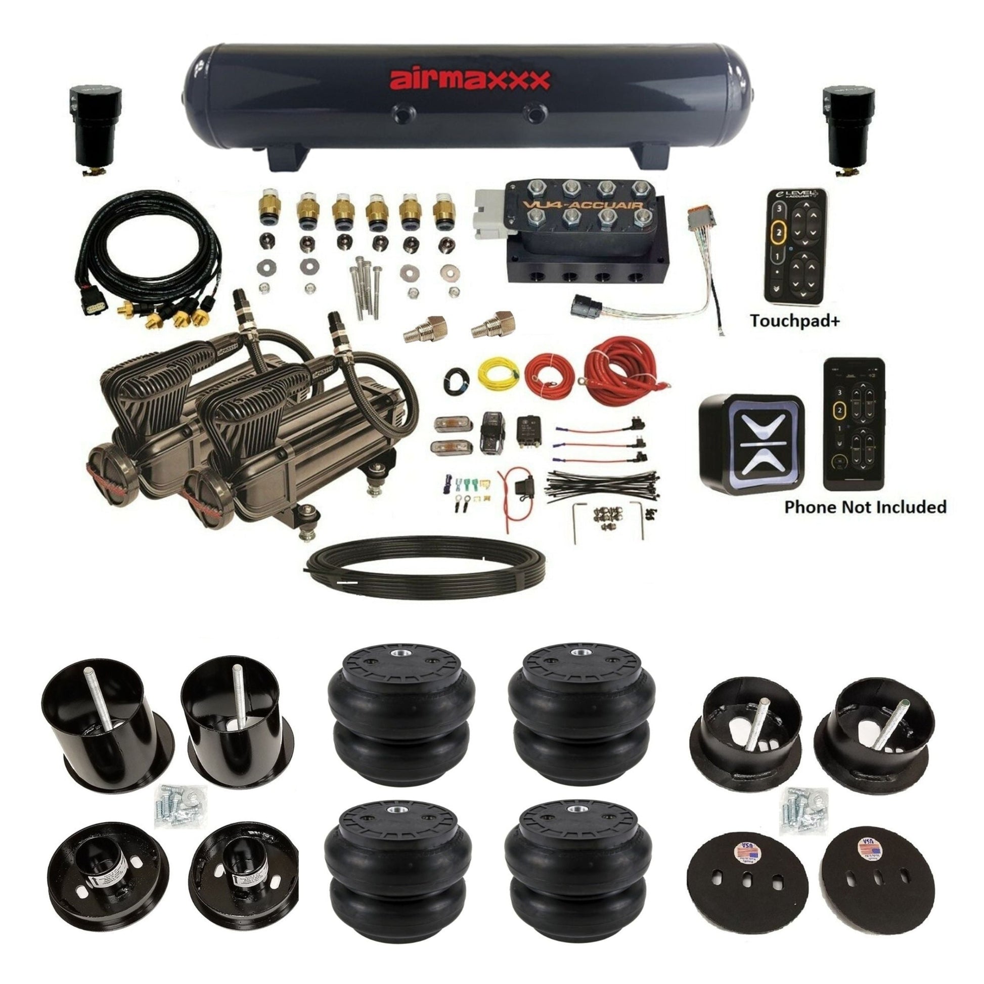AccuAir e-Level+ Pressure VU4 dual x-series compressors steel tank slam bags air ride kit for 1963–1964 Cadillac KCAD63-X2B-57S-VU4EPT-WK-HFSS7
