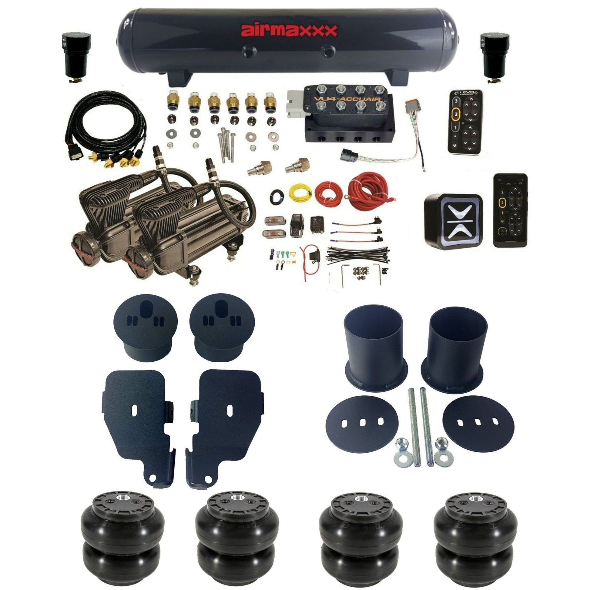 AccuAir e-Level+ Pressure VU4 dual x-series compressors steel tank & slam bags air ride kit for 1965–1970 Chevy Impala KIMP65-X2B-57S-VU4EPT-WK-HFSS6