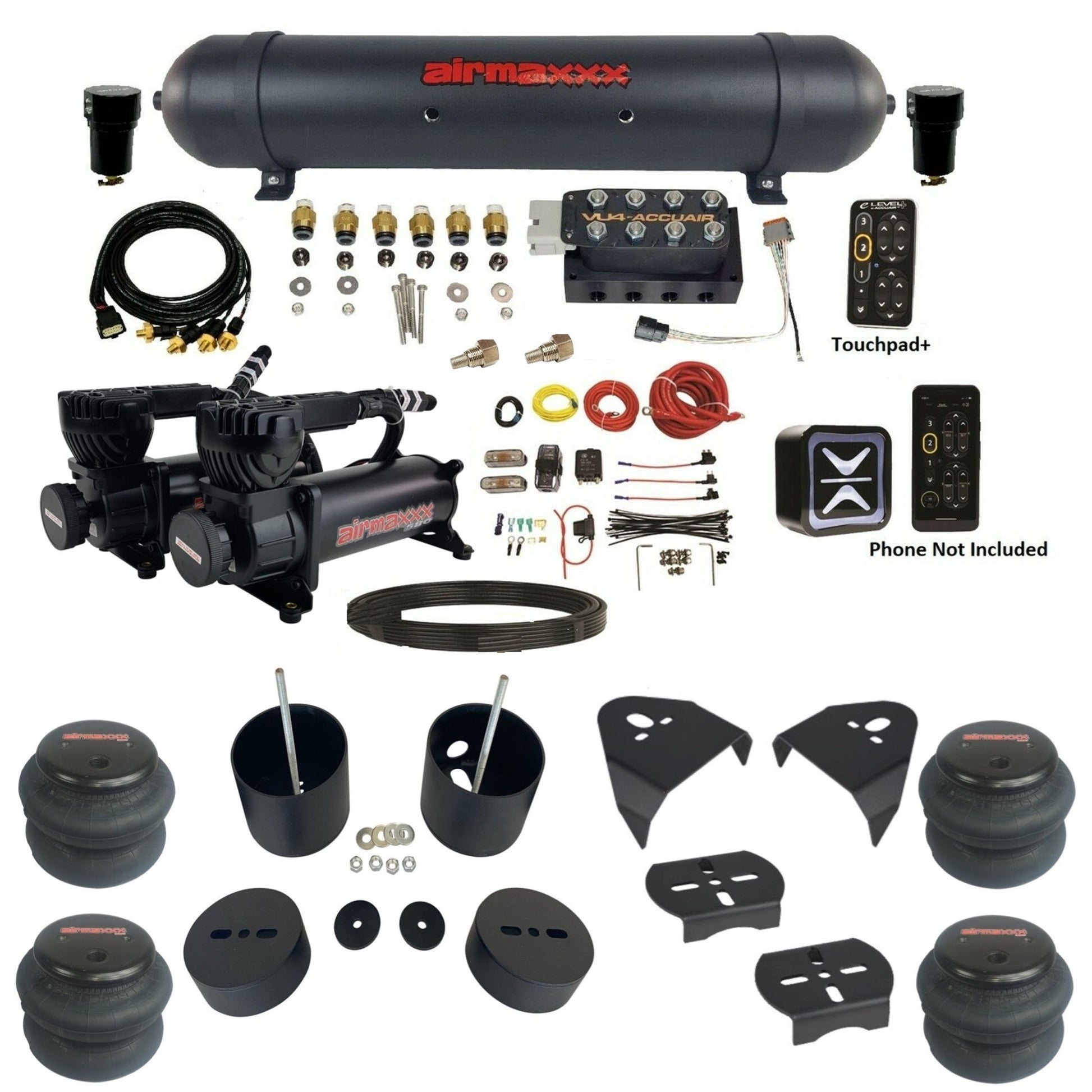 AccuAir e-Level+ Pressure VU4 manifold dual 580 black compressors aluminum tank 2600 bags kit for 1999–2006 Silverado KGM99-580B2-57ABK-VU4EPT-WK-HF