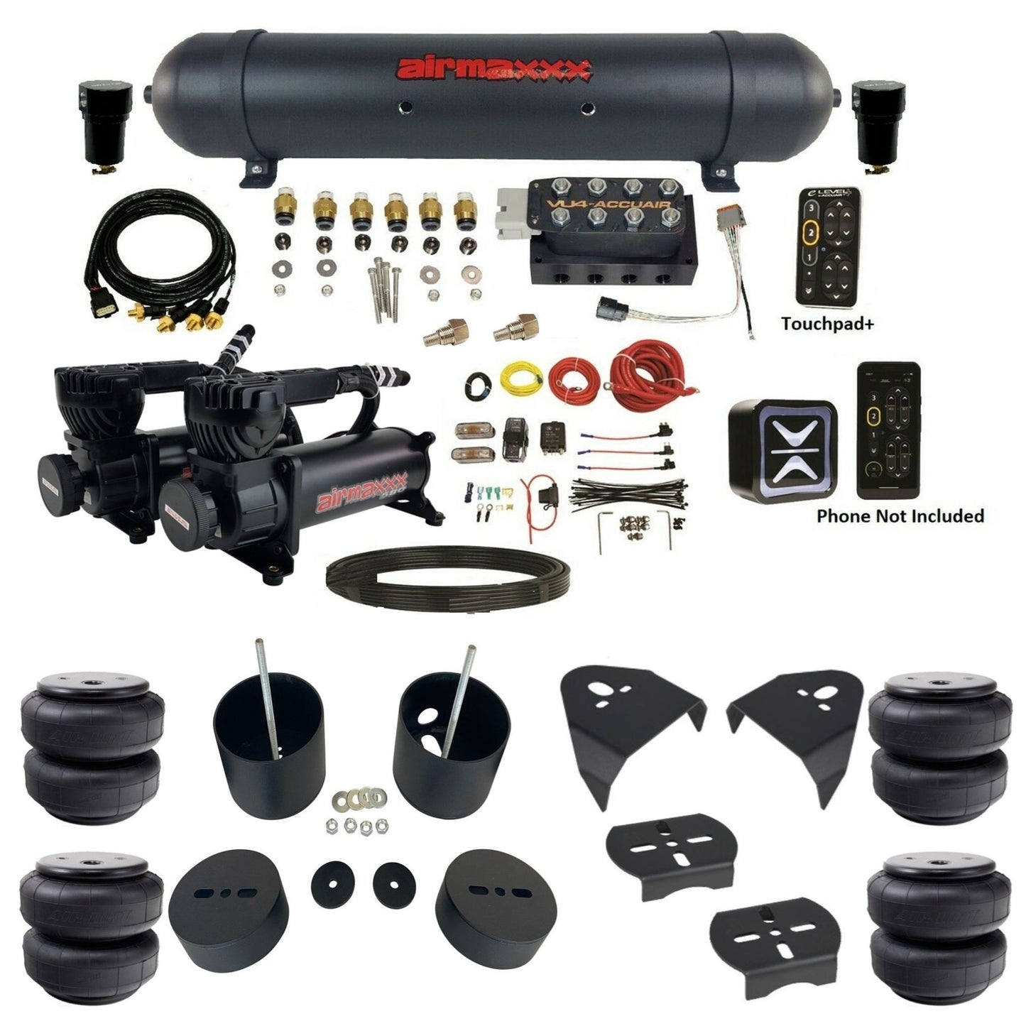 AccuAir e-Level+ Pressure VU4 manifold dual 580 black compressors aluminum tank airlift bags kit for 1999–2006 Silverado KGM99-580B2-57ABK-VU4EPT-WK-HFD26