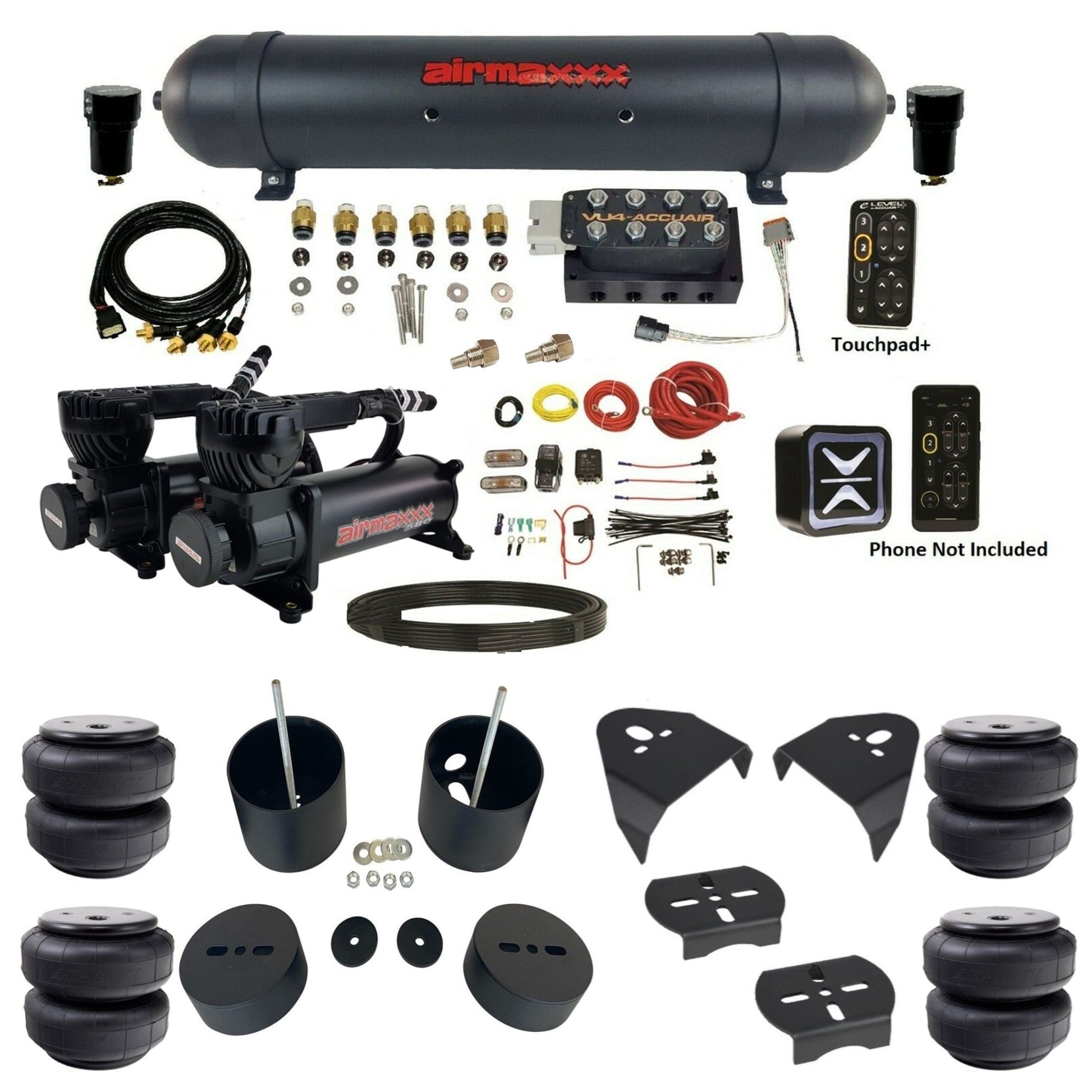 AccuAir e-Level+ Pressure VU4 manifold dual 580 black compressors aluminum tank airlift bags kit for 1999–2006 Silverado KGM99-580B2-57ABK-VU4EPT-WK-HFD26