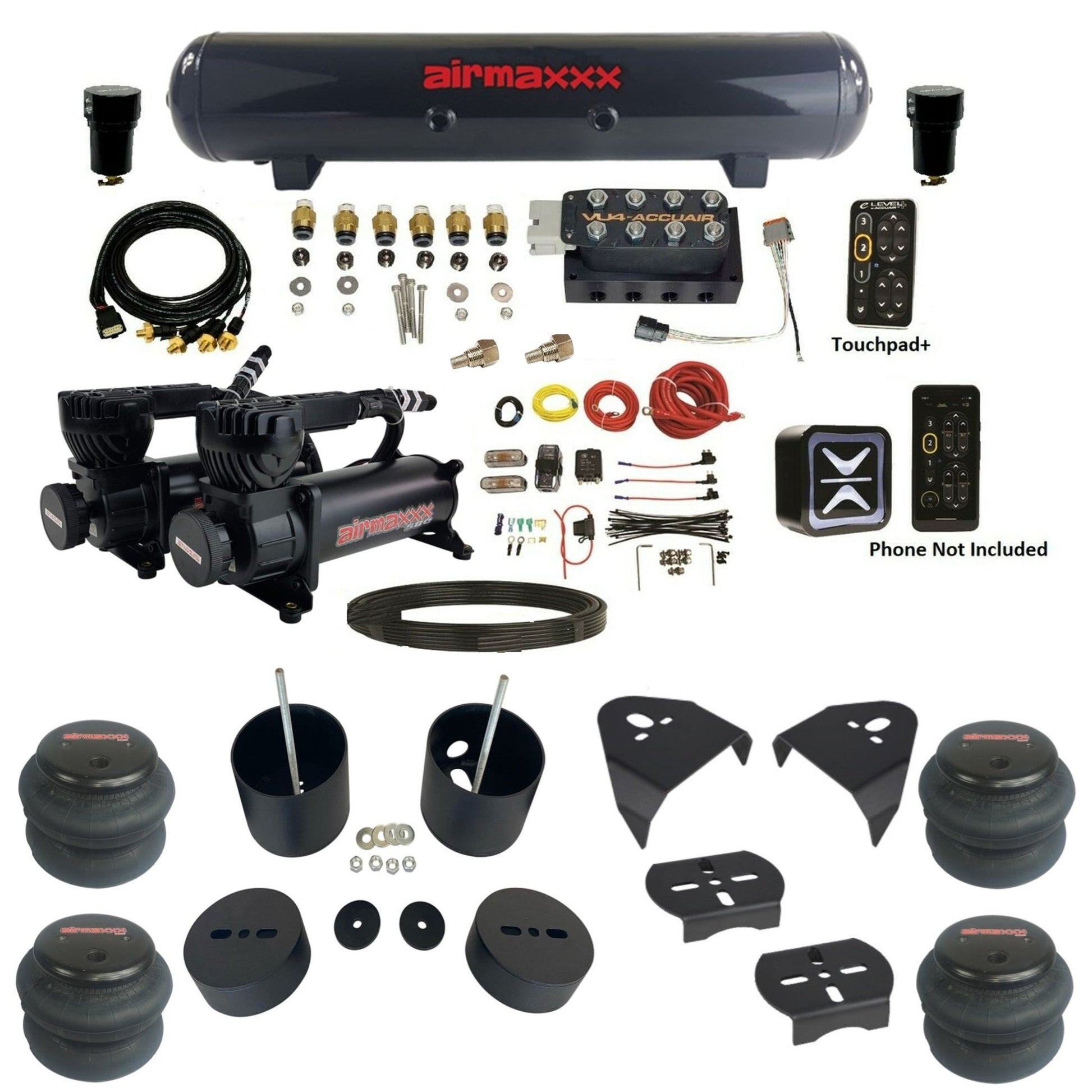 AccuAir e-Level+ Pressure VU4 manifold dual 580 black compressors steel tank 2600 bags kit for 1999–2006 Silverado KGM99-580B2-57S-VU4EPT-WK-HF