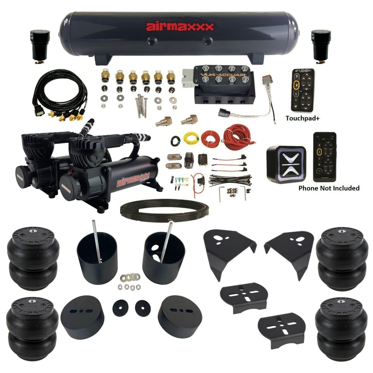 AccuAir e-Level+ Pressure VU4 manifold dual 580 black compressors steel tank slam bags kit for 1999–2006 Silverado KGM99-580B2-57S-VU4EPT-WK-HFSS7