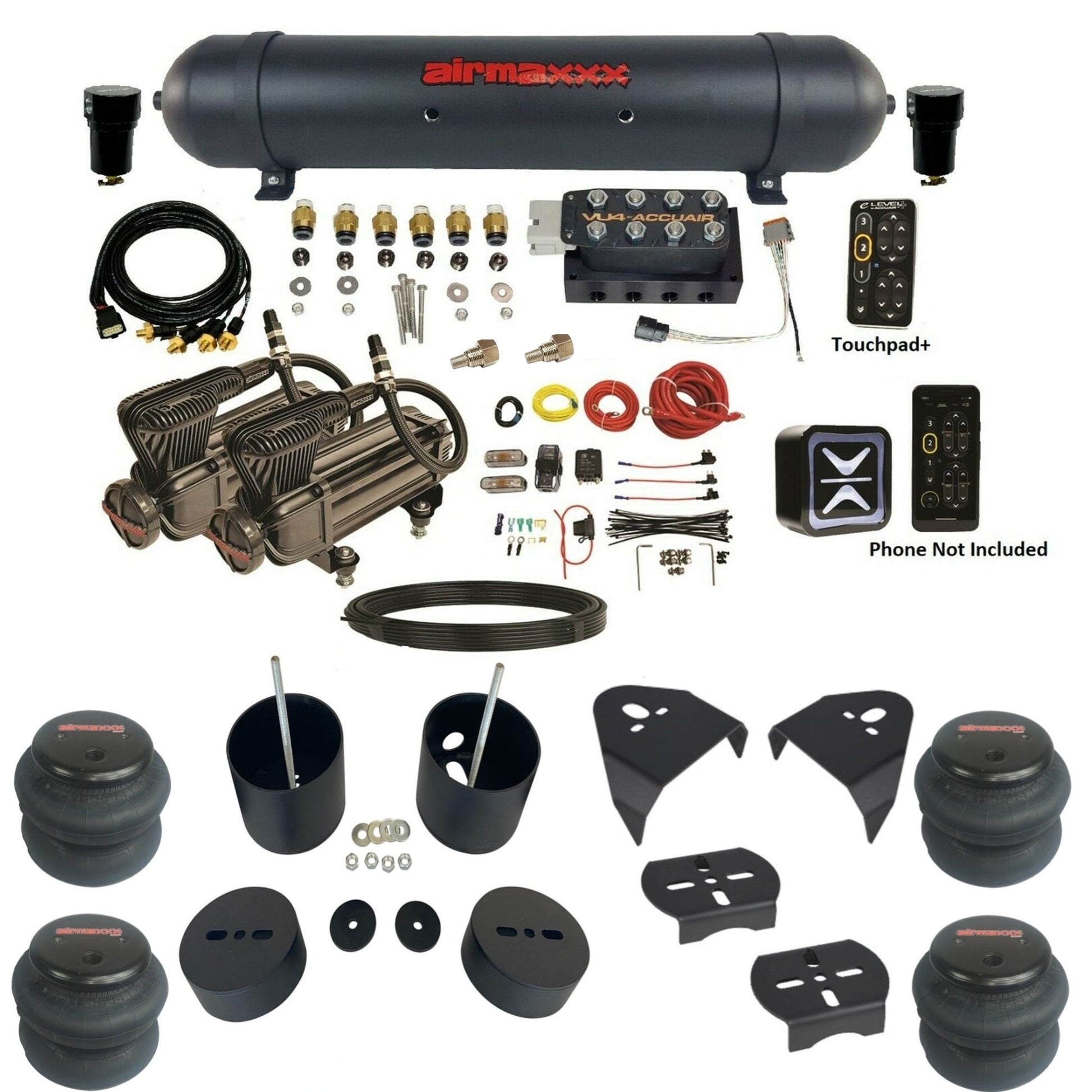 AccuAir e-Level+ Pressure VU4 manifold dual x-series compressors aluminum tank 2600 bags kit for 1999–2006 Silverado KGM99-XB2-57ABK-VU4EPT-WK-HF