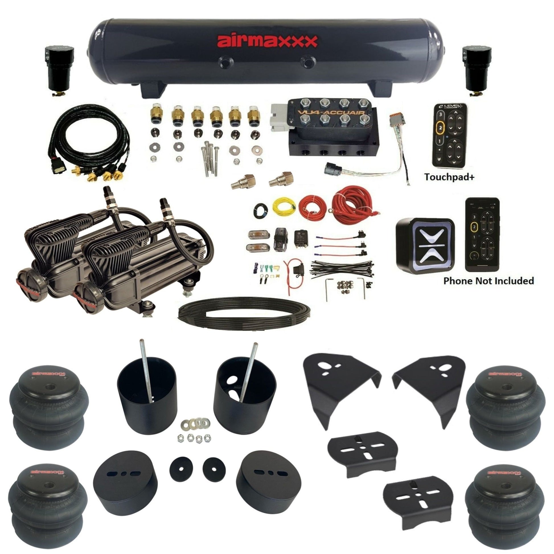 AccuAir e-Level+ Pressure VU4 manifold dual x-series compressors steel tank & 2600 bags kit for 1999–2006 Silverado KGM99-XB2-57S-VU4EPT-WK-HF