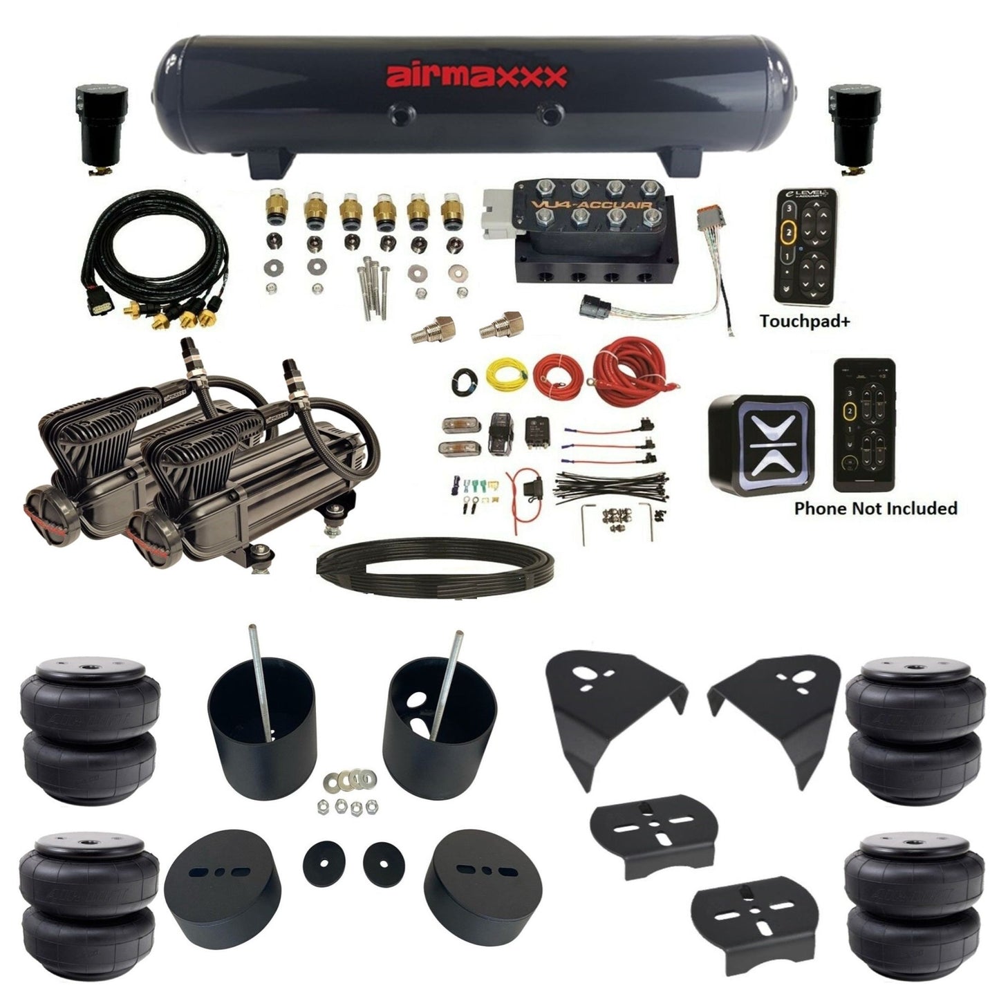 AccuAir e-Level+ Pressure VU4 manifold dual x-series compressors steel tank & airlift bags kit for 1999–2006 Silverado KGM99-XB2-57S-VU4EPT-WK-HFD26