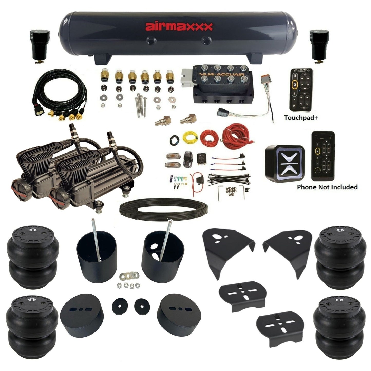 AccuAir e-Level+ Pressure VU4 manifold dual x-series compressors steel tank & slam bags kit for 1999–2006 Silverado KGM99-XB2-57S-VU4EPT-WK-HFSS7