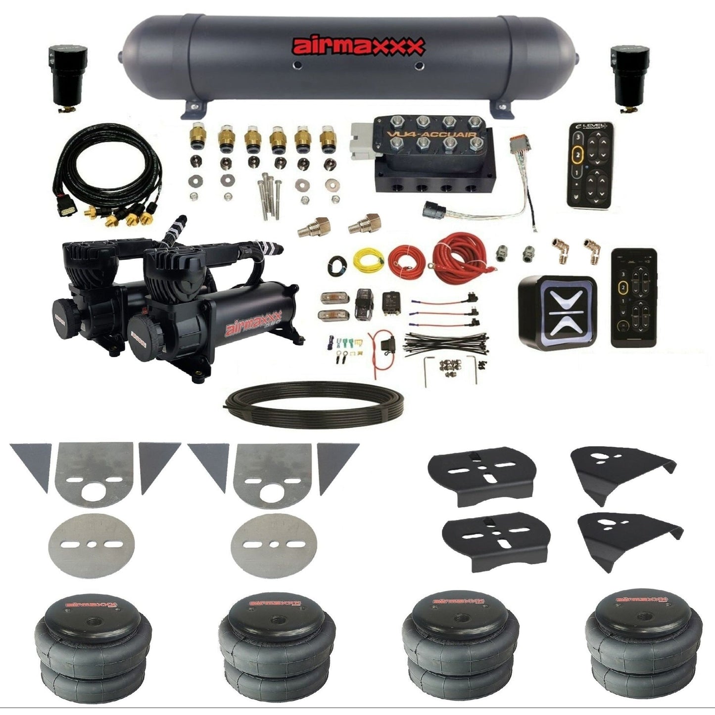 AccuAir e-Level+ Pressure+ preset air ride kit 580 black compressors aluminum tank 2500 bags for import torsion bar pickups KTOR-580B2-57ABK-VU4EPT-WK-HF