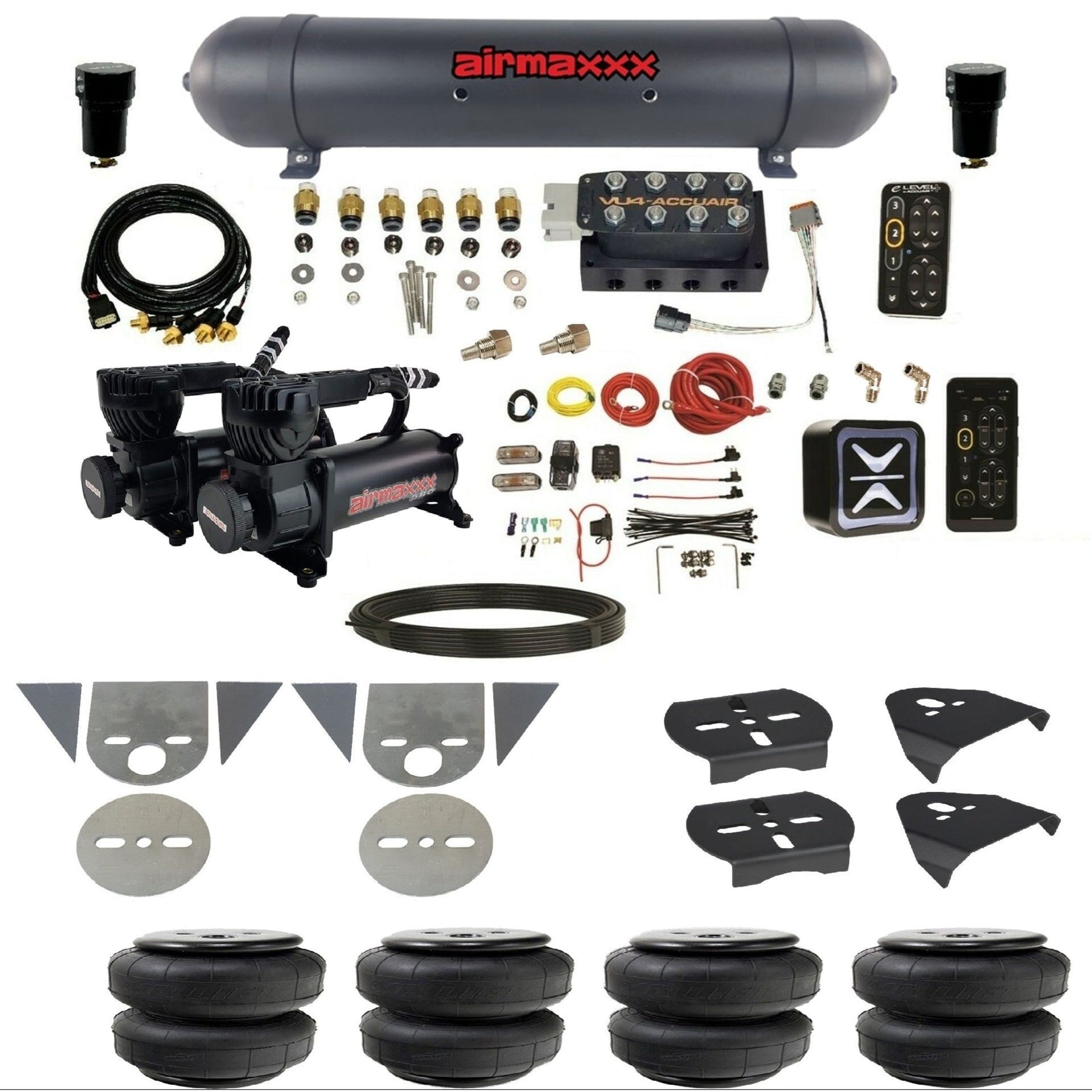 AccuAir e-Level+ Pressure+ preset air ride kit 580 black compressors aluminum tank airlift bags for import torsion bar pickups KTOR-580B2-57ABK-VU4EPT-WK-HFD25