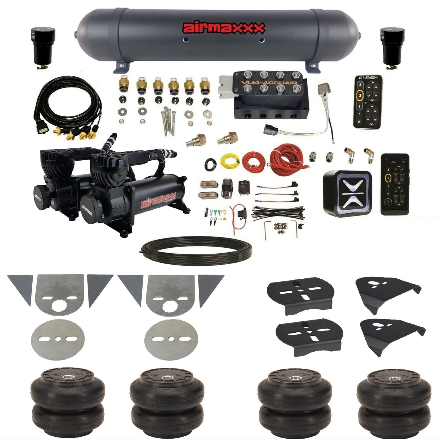 AccuAir e-Level+ Pressure+ preset air ride kit 580 black compressors aluminum tank slam bags for import torsion bar pickups KTOR-580B2-57ABK-VU4EPT-WK-HFSS6