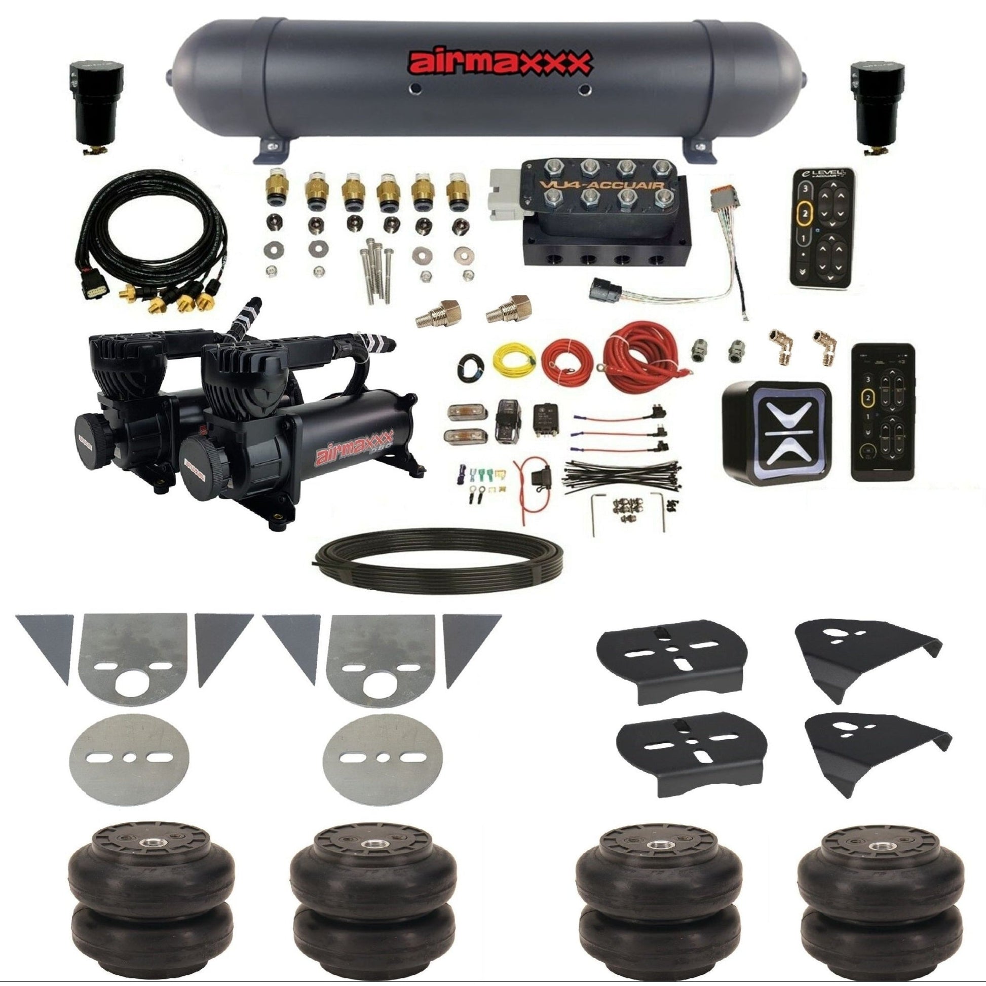 AccuAir e-Level+ Pressure+ preset air ride kit 580 black compressors aluminum tank slam bags for import torsion bar pickups KTOR-580B2-57ABK-VU4EPT-WK-HFSS6