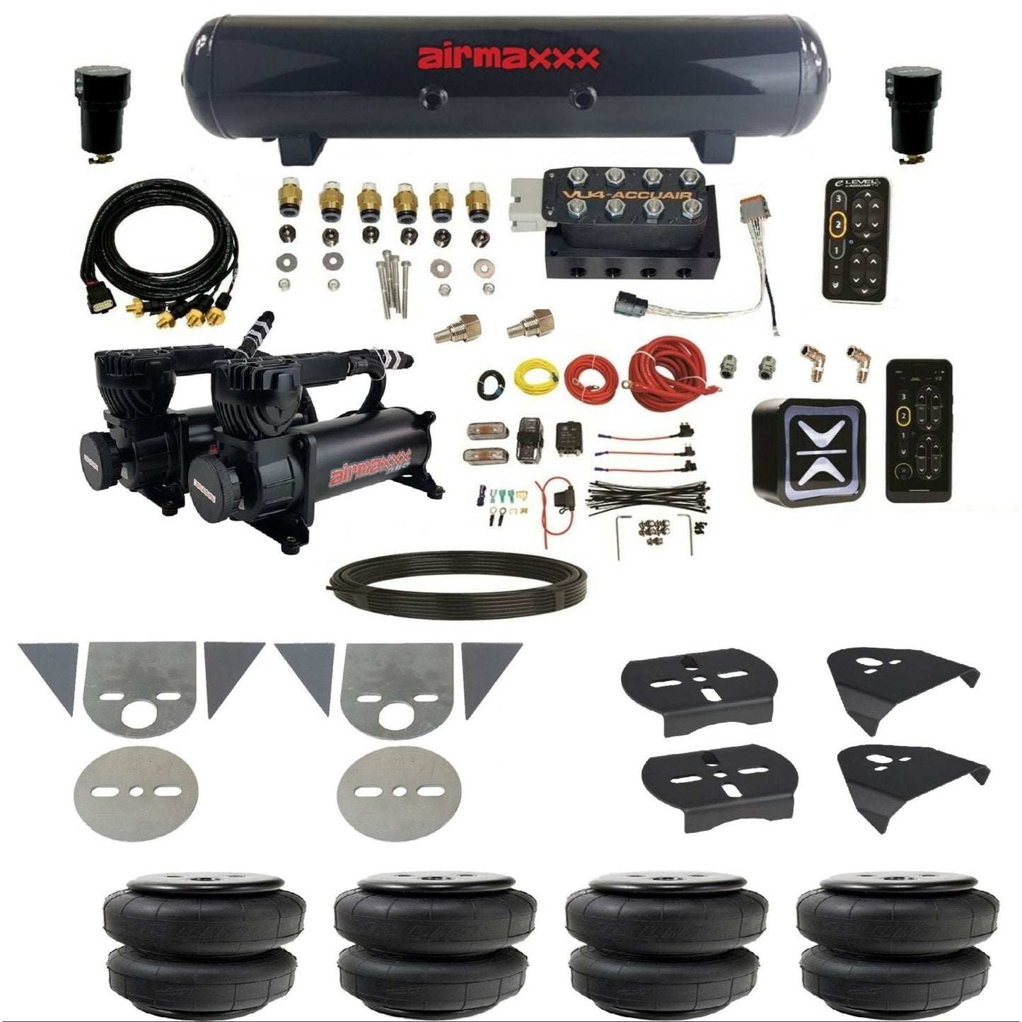 AccuAir e-Level+ Pressure+ preset air ride kit 580 black compressors steel tank airlift bags for import torsion bar pickups KTOR-580B2-57S-VU4EPT-WK-HFD25