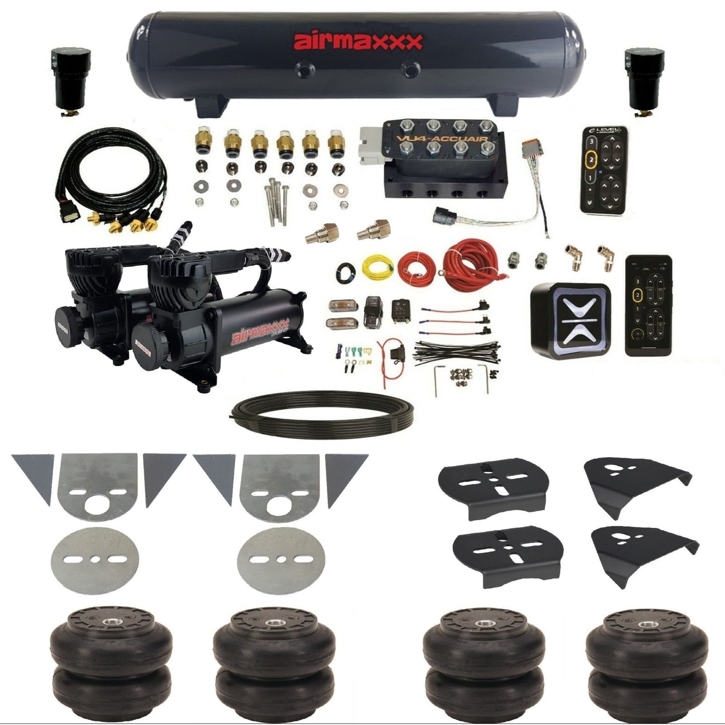 AccuAir e-Level+ Pressure+ preset air ride kit 580 black compressors steel tank slam bags for import torsion bar pickups KTOR-580B2-57S-VU4EPT-WK-HFSS6