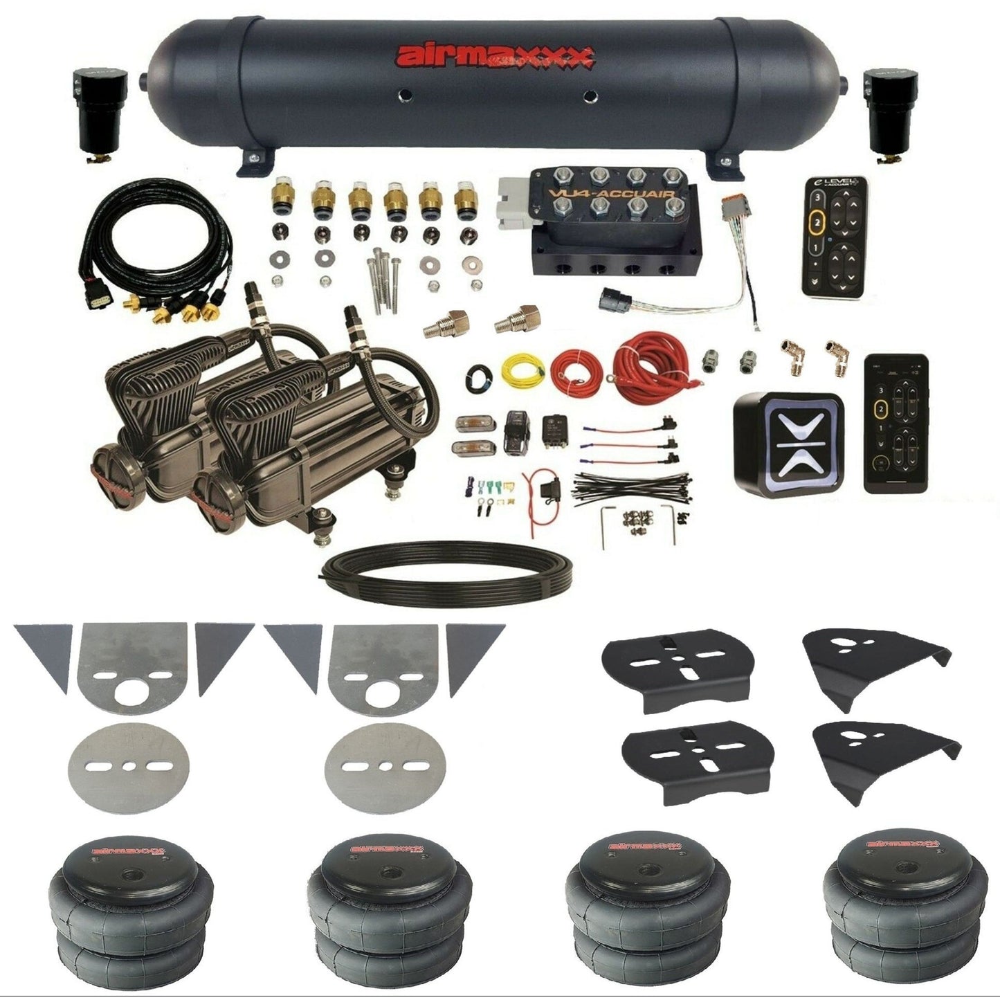 AccuAir e-Level+ Pressure+ preset air ride kit x-series compressors aluminum tank 2500 bags for import torsion bar pickups KTOR-X2B-57ABK-VU4EPT-WK-HF