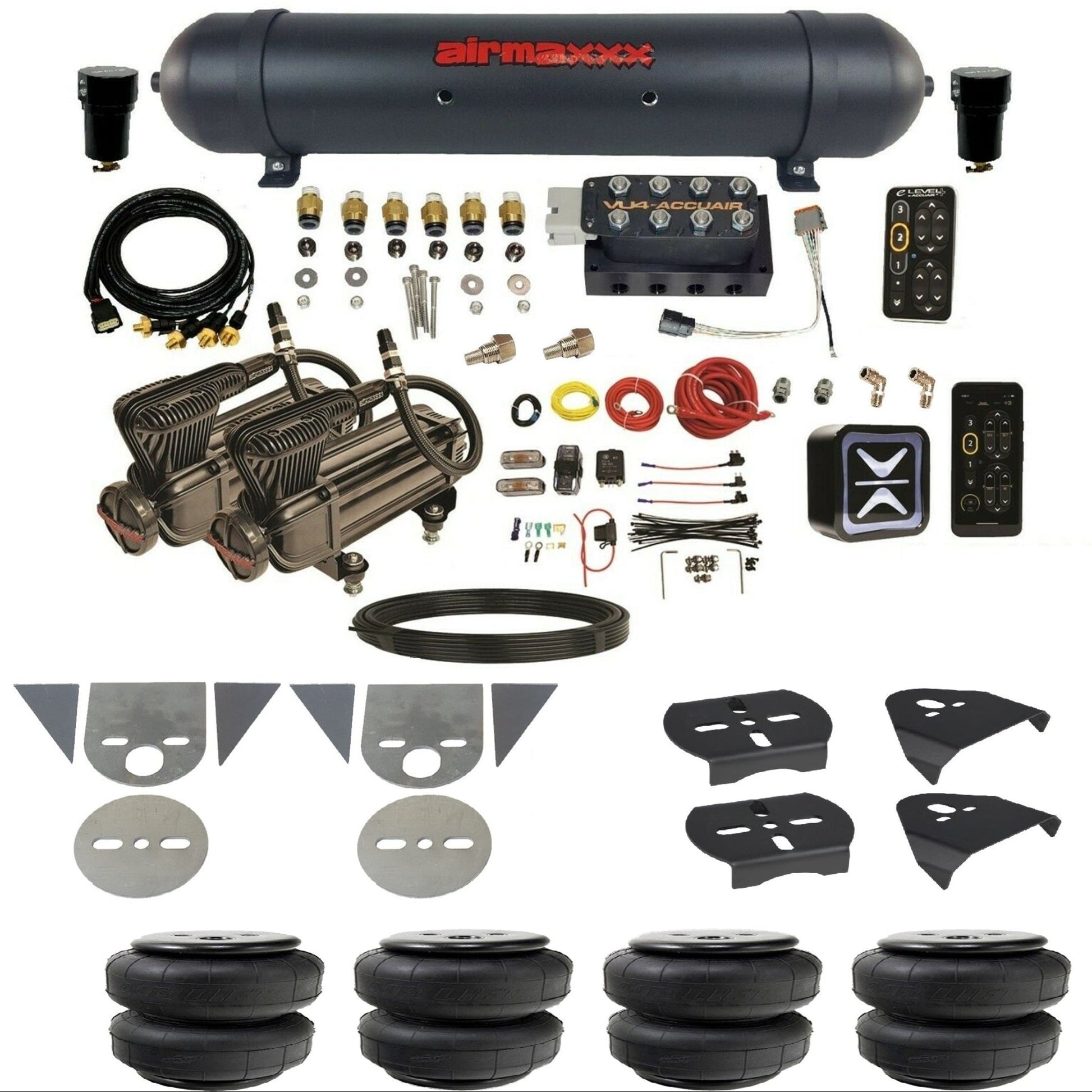 AccuAir e-Level+ Pressure+ preset air ride kit x-series compressors aluminum tank airlift bags for import torsion bar pickups KTOR-X2B-57ABK-VU4EPT-WK-HFD25
